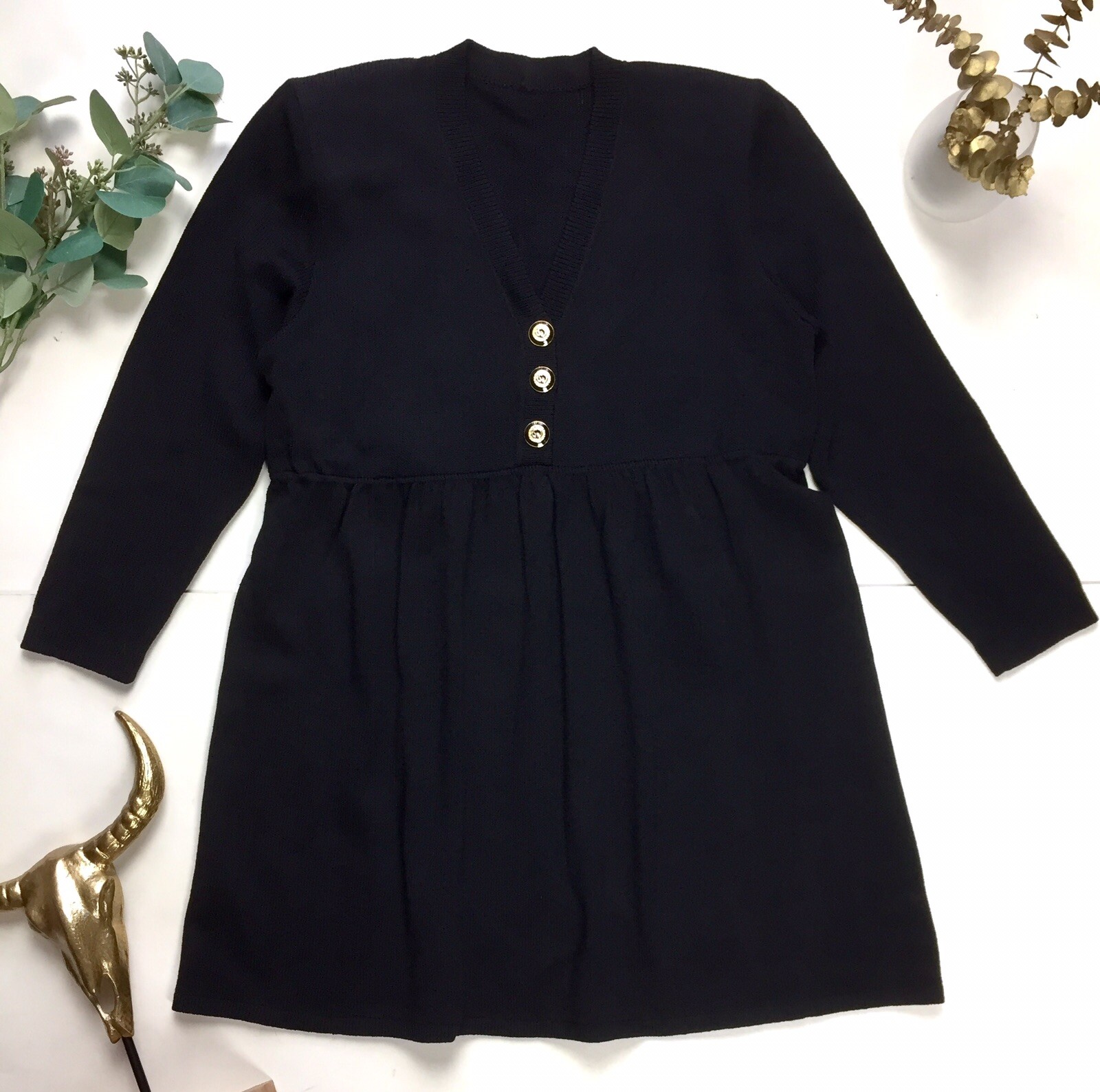 Vtg St John Santana Knit Black Empire Waist L/S Dress Gold Logo Buttons Large