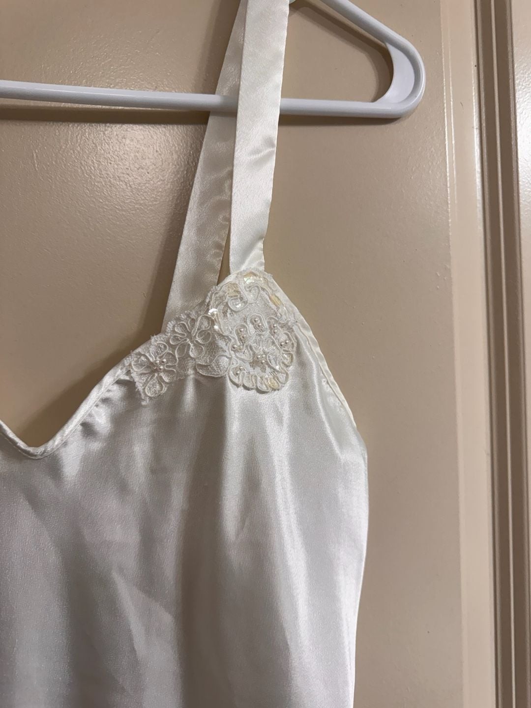 Vintage White Satin Mini Slip Dress with Lace and Tulle Trim