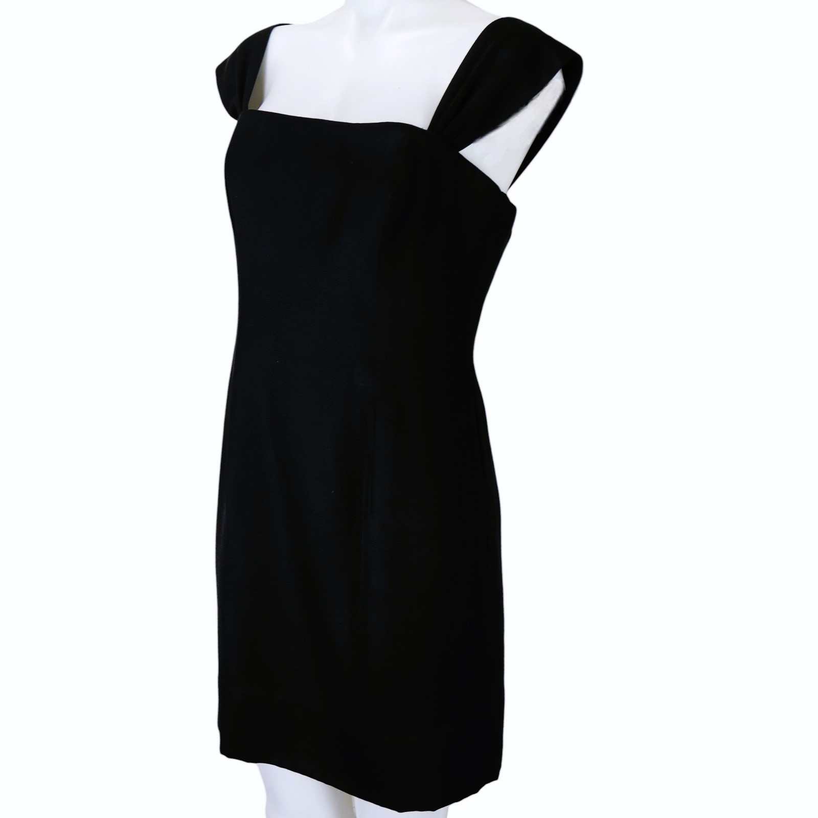 Vintage En Francais Huey Waltzer Black Sheath Dress Sz 12 Square Neck Wide Strap
