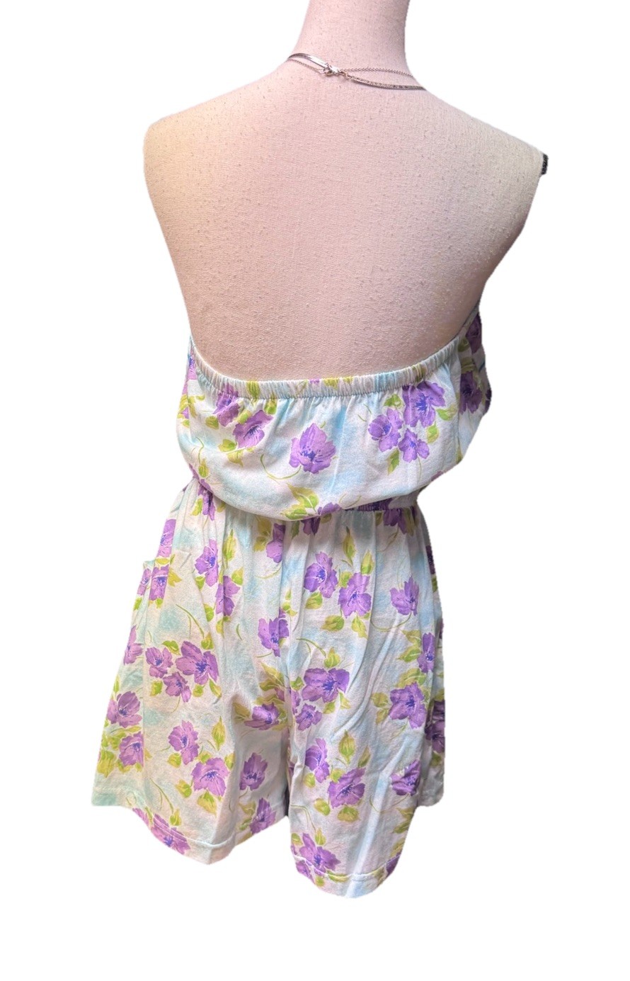Vintage Blue Floral Ruffled Tube Top Cotton ROMPER w/ Pockets XL Elastic Waist