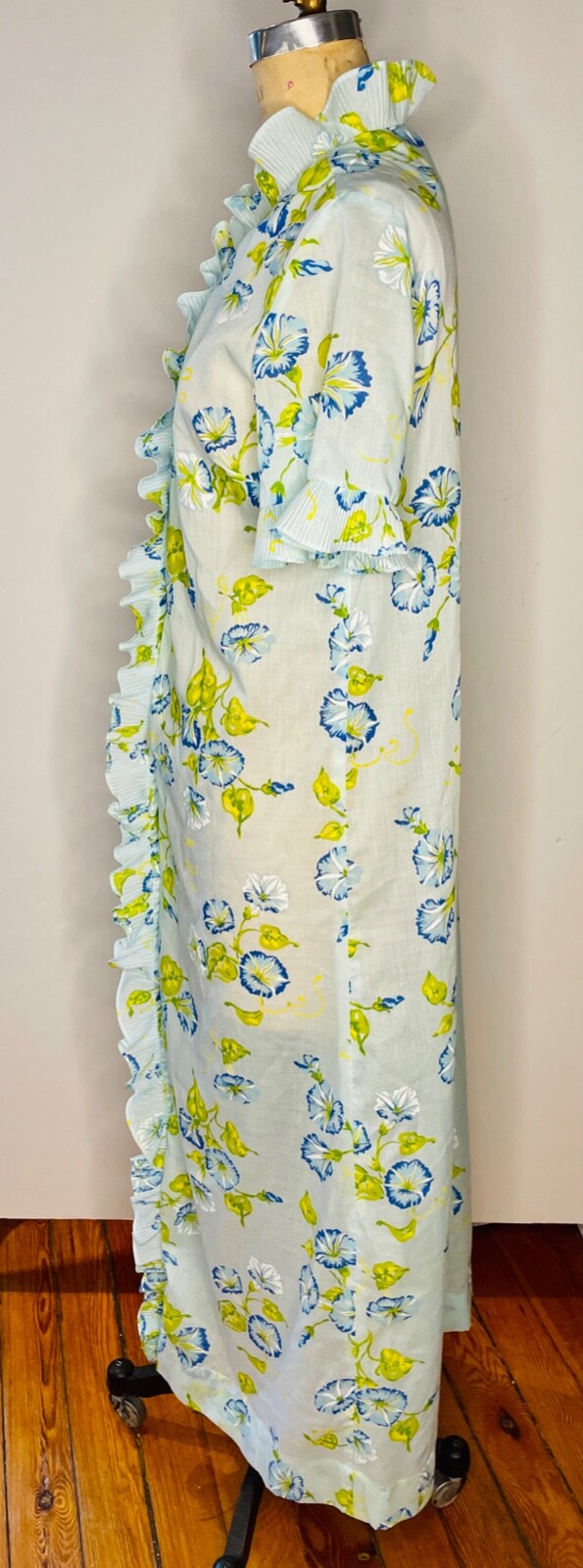 VTG 60’S MOD LORI TILL BLUE GREEN YELLOW FLORAL RUFFLE MAXI HOUSE DRESS ROBE*S/M