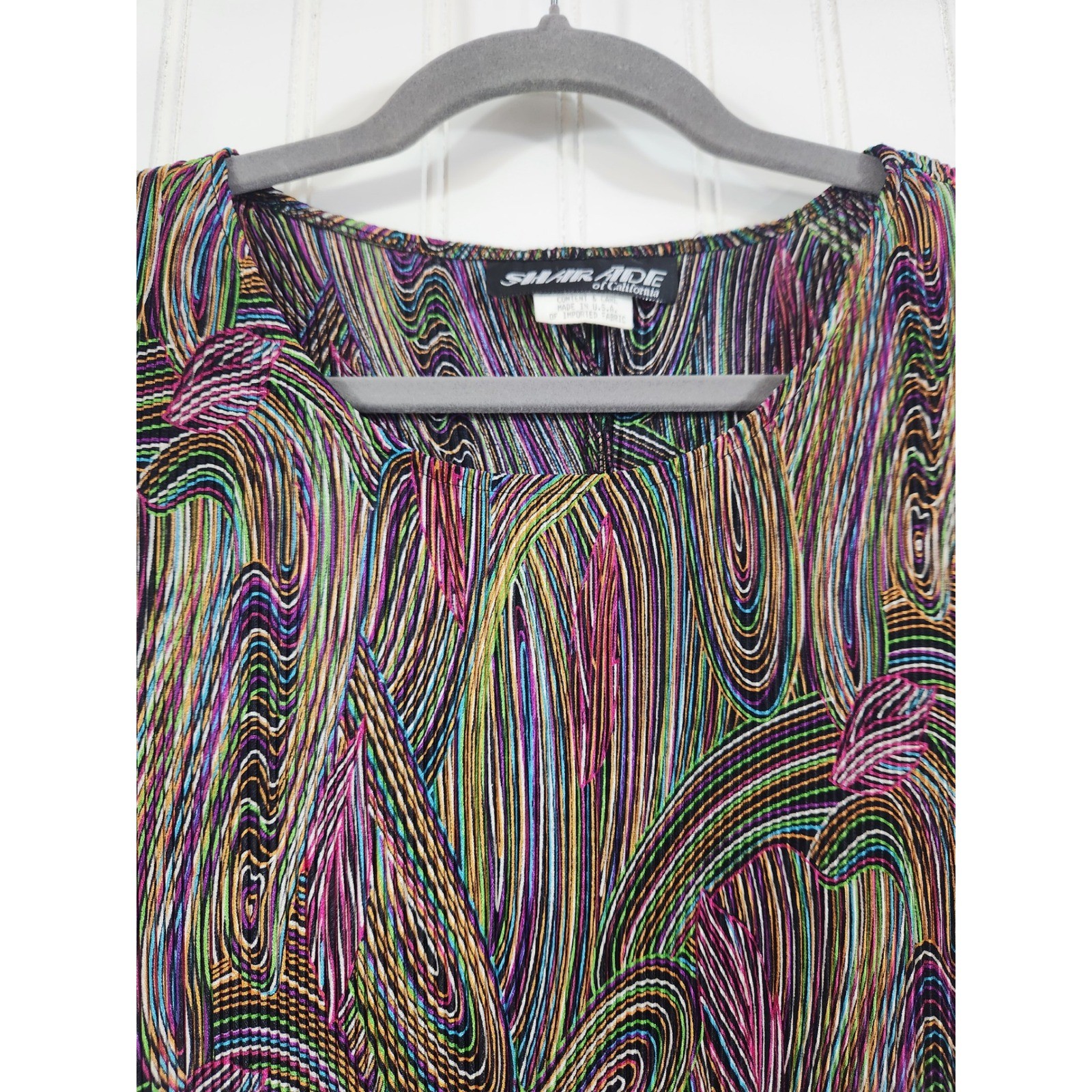Vintage Sharade of CA Psychedelic Swirl Ribbed Midi Dress 14P Multicolor Sheer