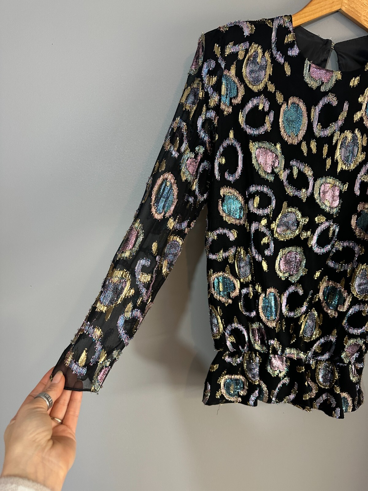Vintage Simon Sez Women Blouse Med 9/10 Metallic Peplum 80s Glam Shimmer Top USA