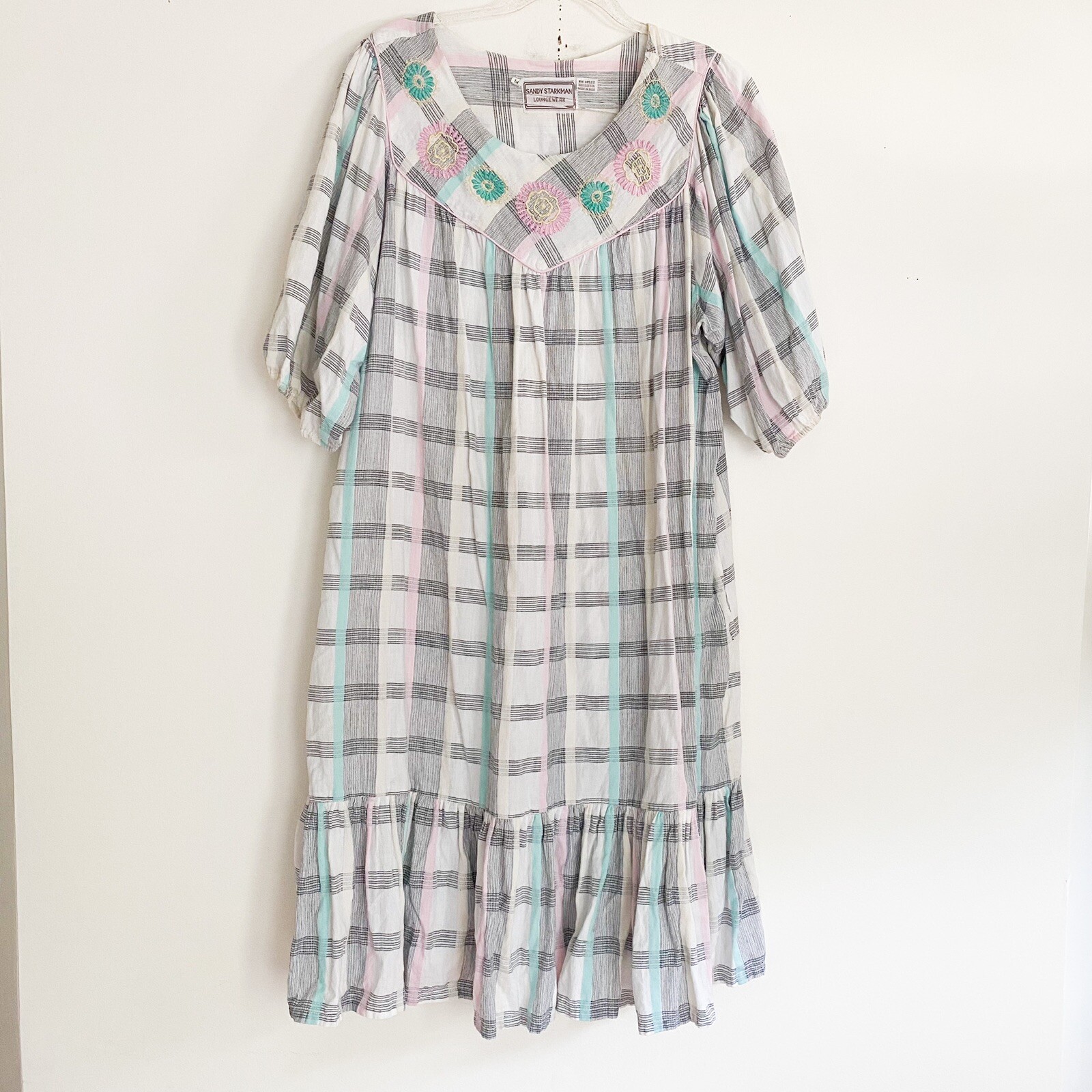 80s SANDY STARKMAN Cotton Tissue Gauze Printed Caftan Plaid Mumu Ruffle Dress 1X