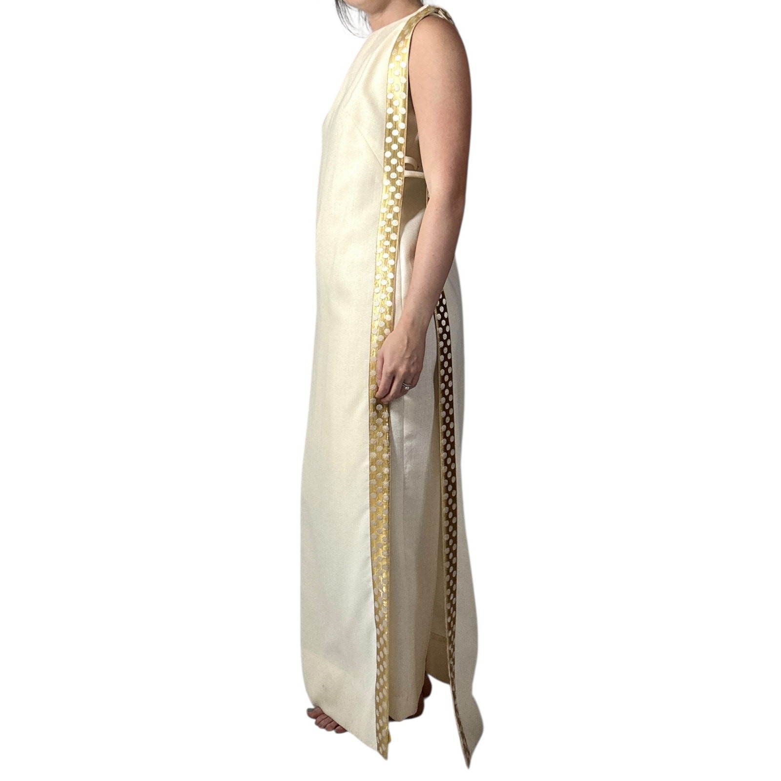 Vintage 1960s White Wool Jumpsuit Peer Label Metallic Gold Polka Dot Cape Mod