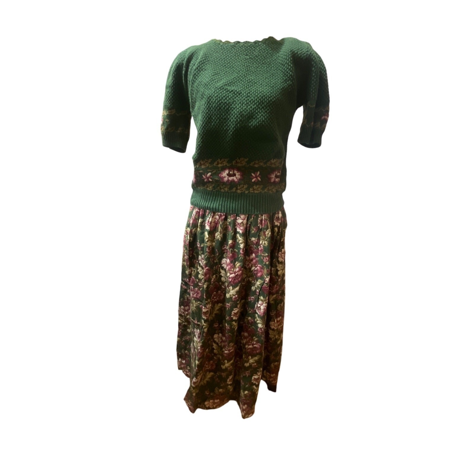 Herman Geist Vintage Hand Embroidered Sweater and Floral Maxi Skirt Set Green M