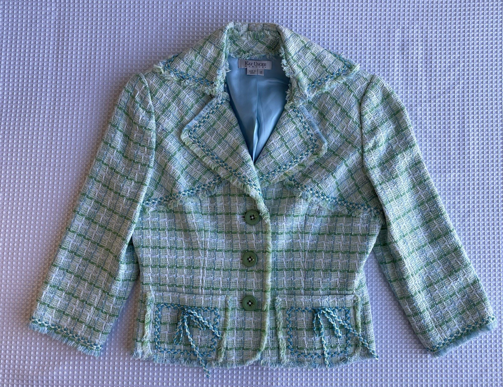 Kay Unger New York Tweed Jacket Skirt Suit | Fringe Trim | Pastel Green Sz 12