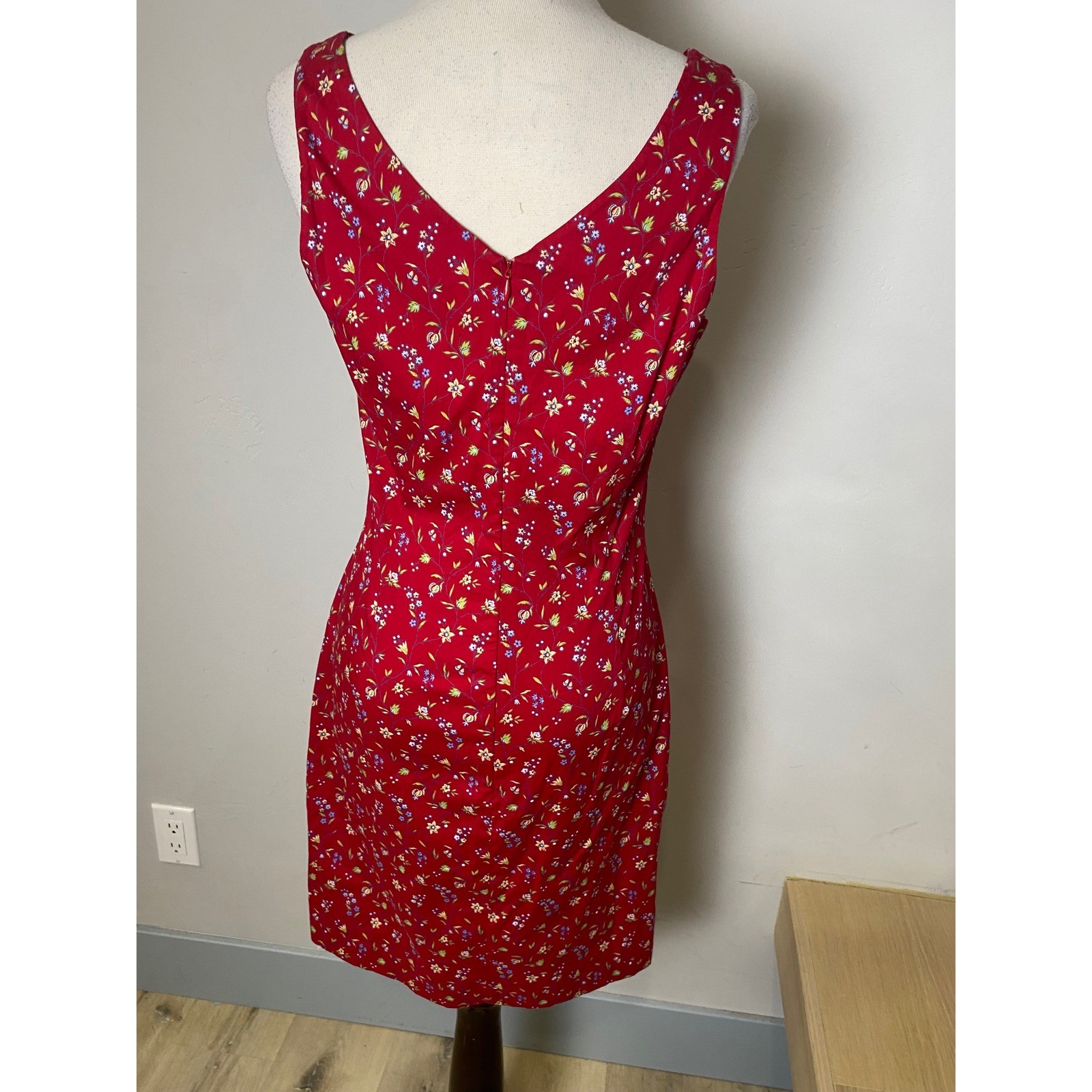 Vintage 90s Express World Brand Red Floral Sheath Dress Sundress Cottagecore 9