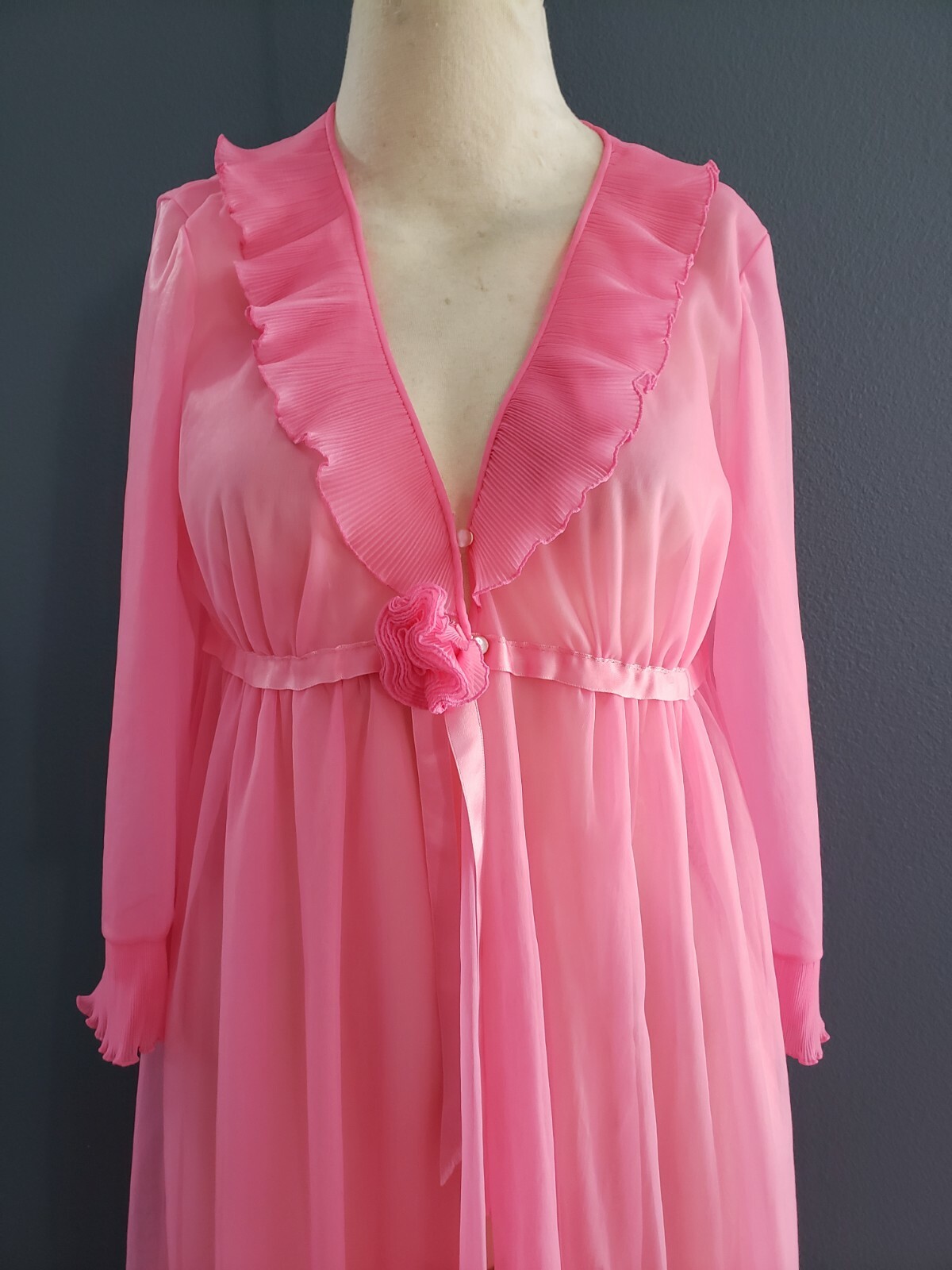 vtg 60’s 70’s EVETTE hot pink double layer chiffon peignor robe coverup sz S/M