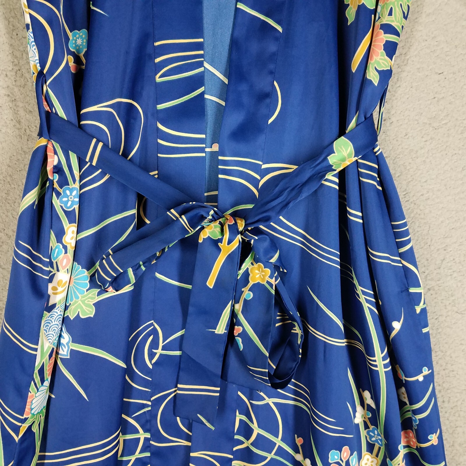 Vintage Japanese Kimono Robe Womens Large Satin Floral Garden Made In Japan Blue