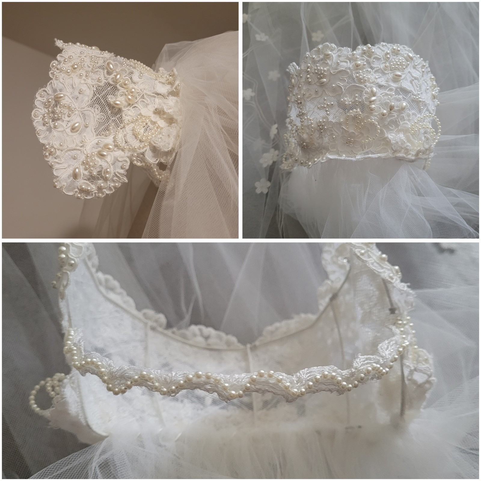 Vintage Eve Of Milady Wedding Dress Matching Veil Sz XXS 2XS Lace Floral Beaded