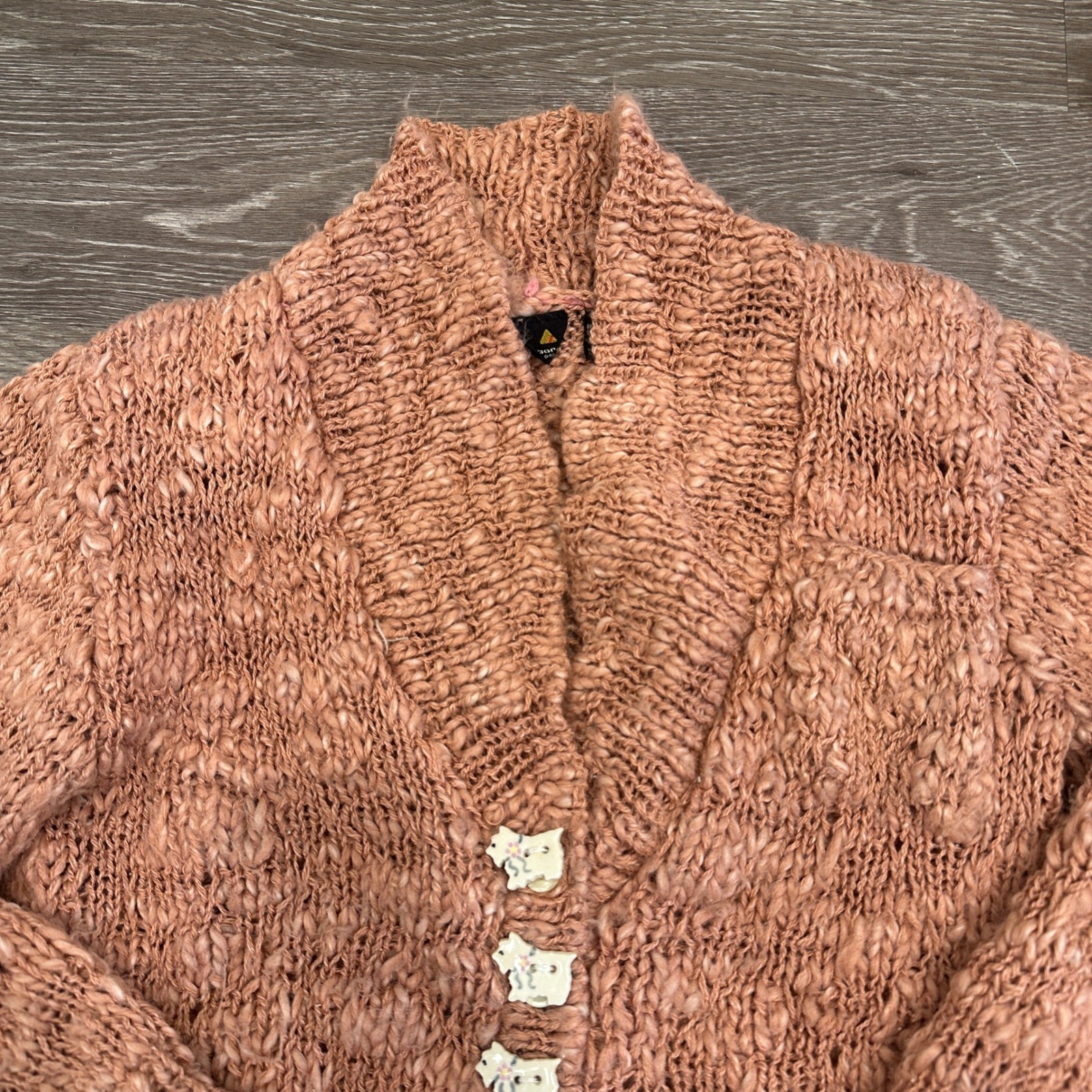 VTG 90s Liz Claiborne Coral Pink Chunky Knit Cardigan SCOTTIE DOG Buttons Small