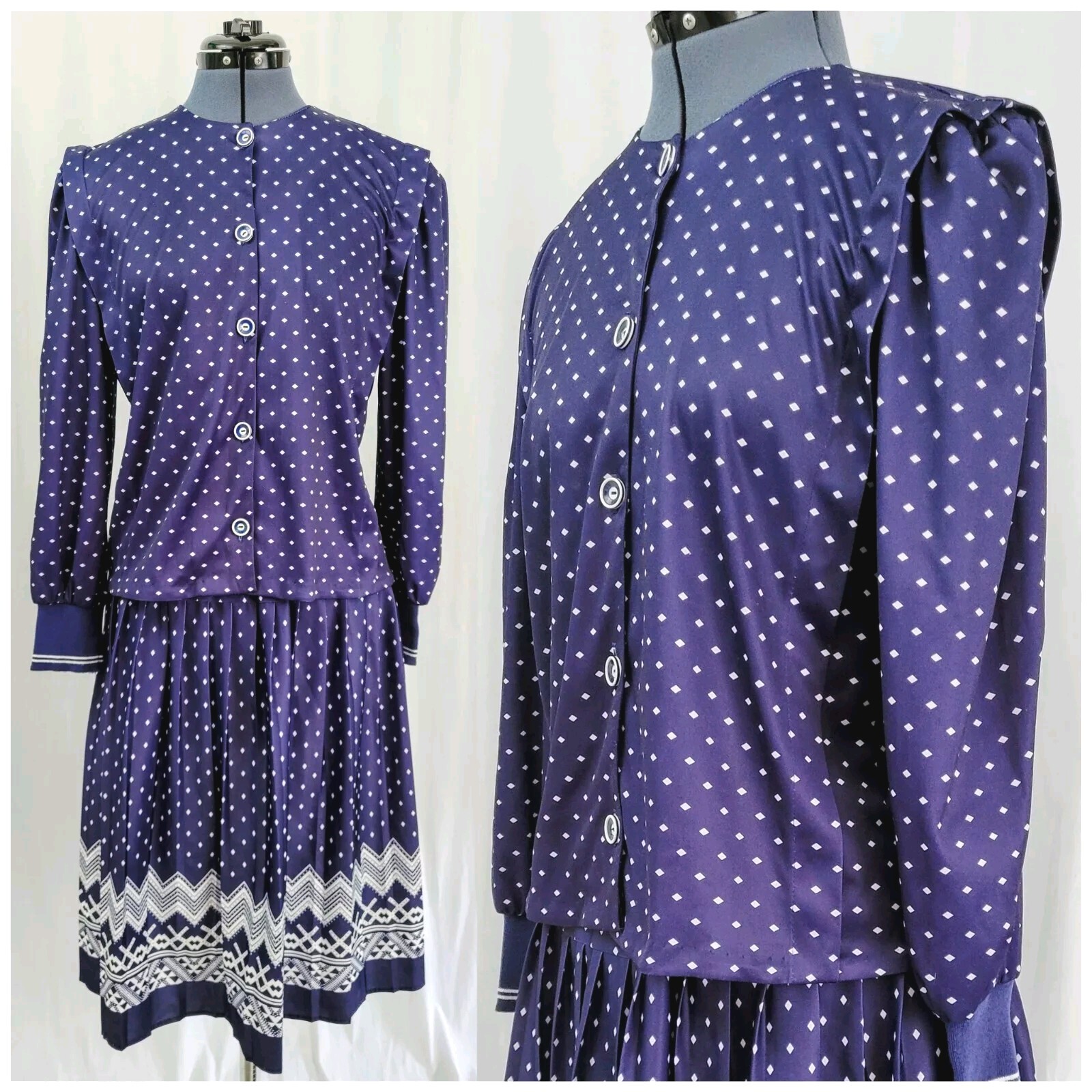 Vintage Earth Angel Navy & White 2-Piece Dress/Skirt & Top w Knit Cuffs Size 12