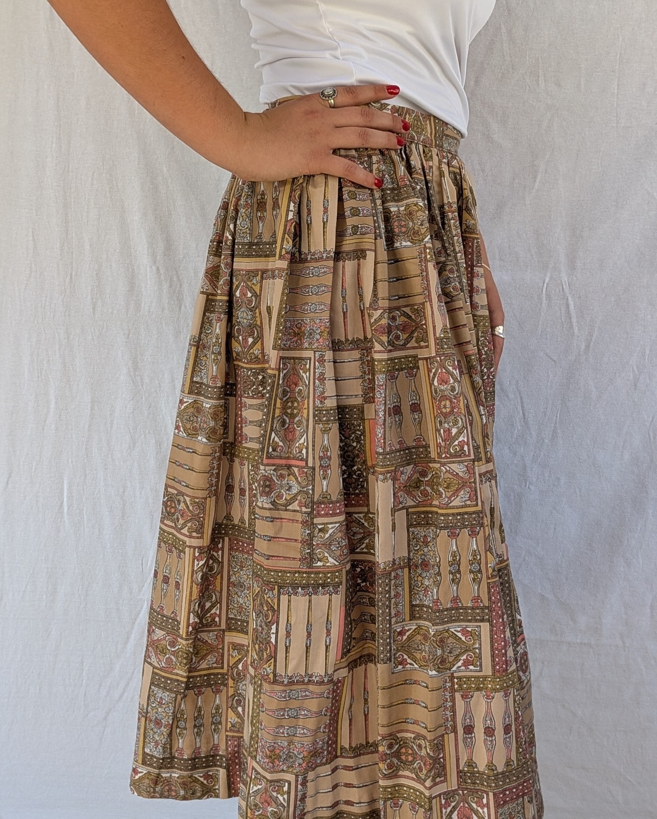 West House Original Wrap Skirt Beige Brown Pink White Vintage Print