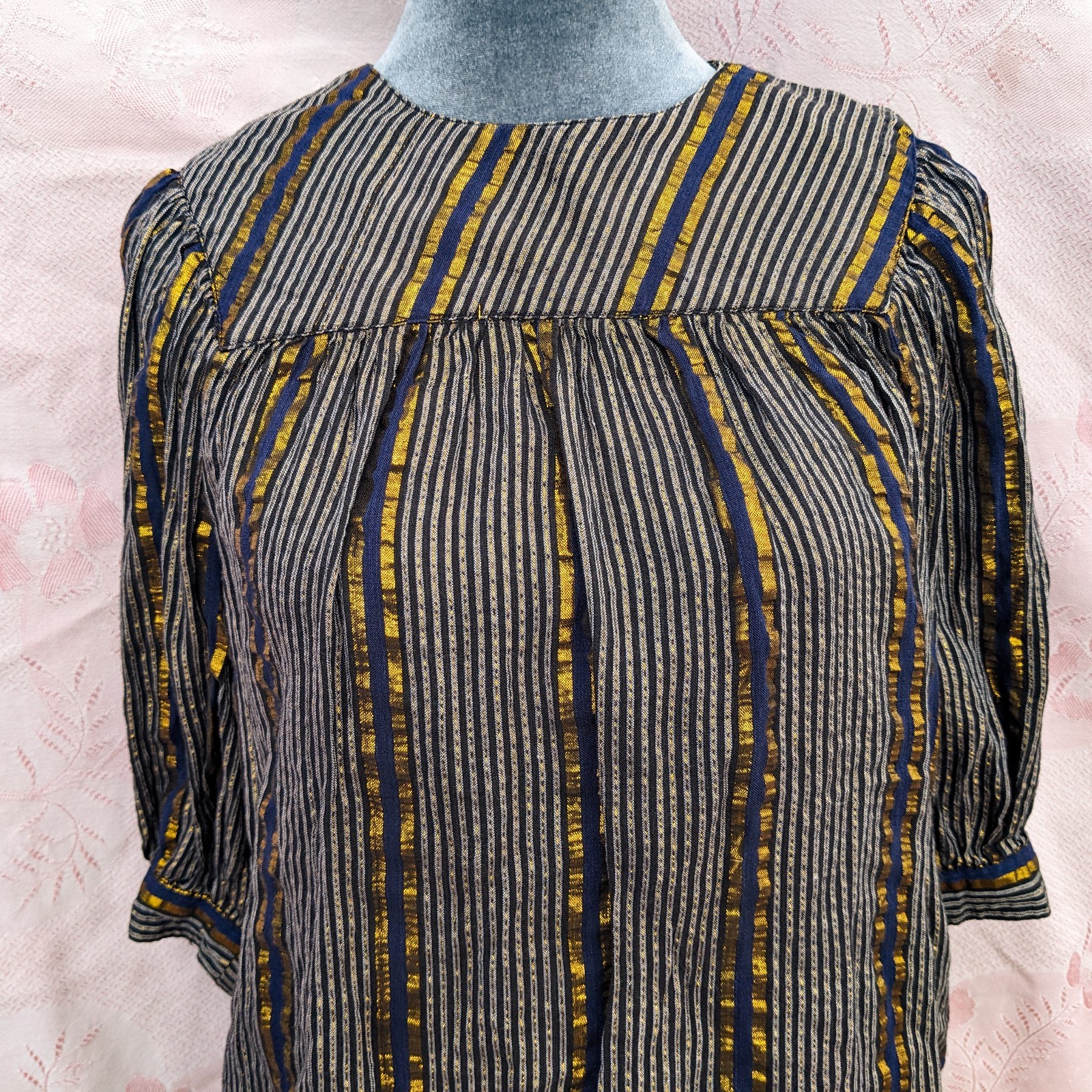 Vintage 70s Adini India Blouse S Navy Gold Lurex Metallic Stripe Boho Tunic Top