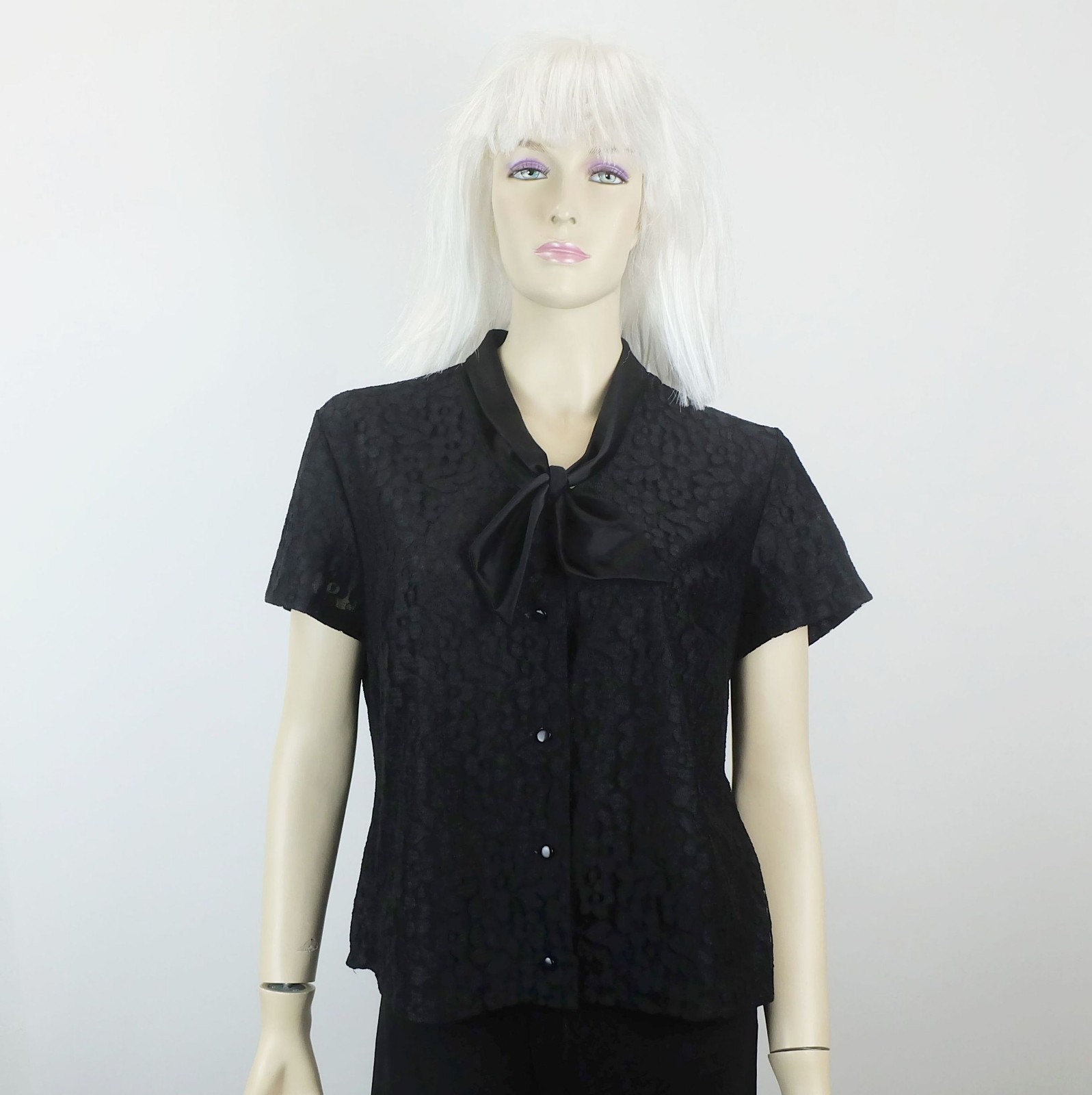 50s 60s vintage blouse women’s blouse black lace blouse with satin collar size 40