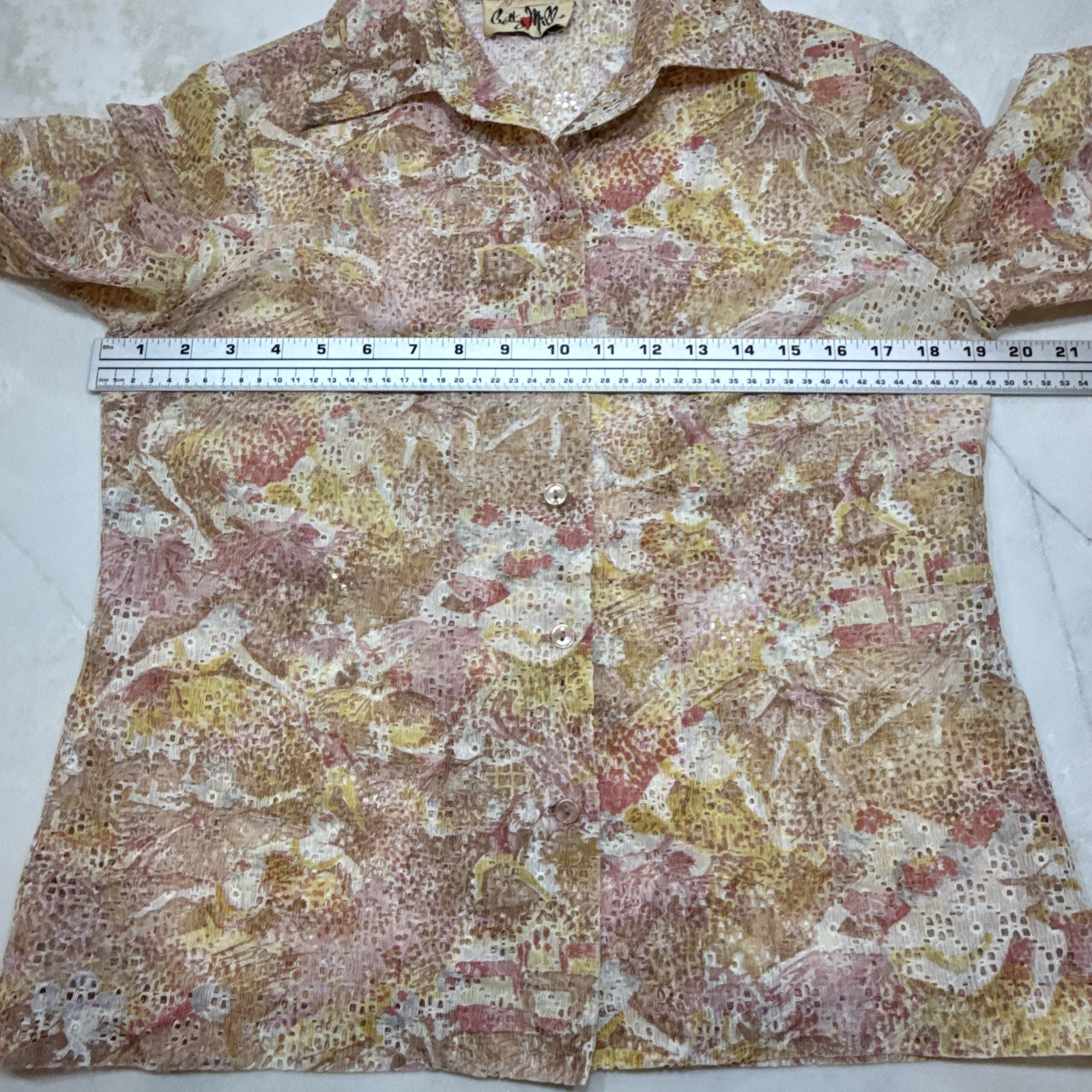 Vintage Betty Miller Floral Lace Overlay Button Front Blouse Pink Medium