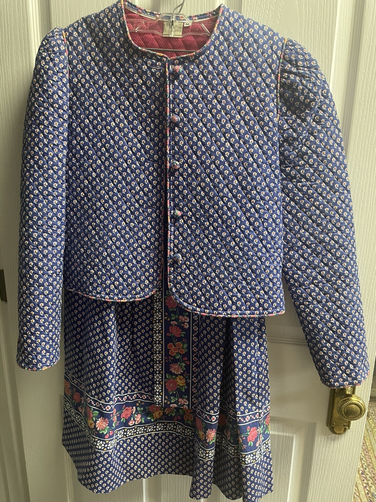 Vintage Vera Bradley Quilted Jacket and Skirt Set M Navy/Red 1980’s Cottage Core