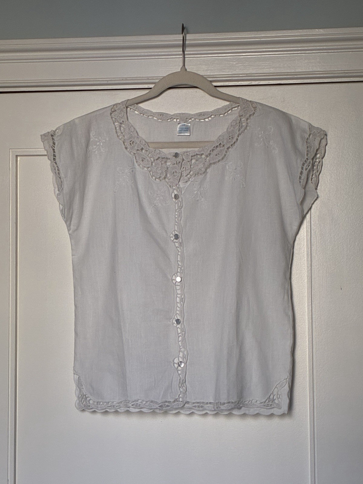 Vintage Handmade Cotton Blouse with Lace and Embroidery