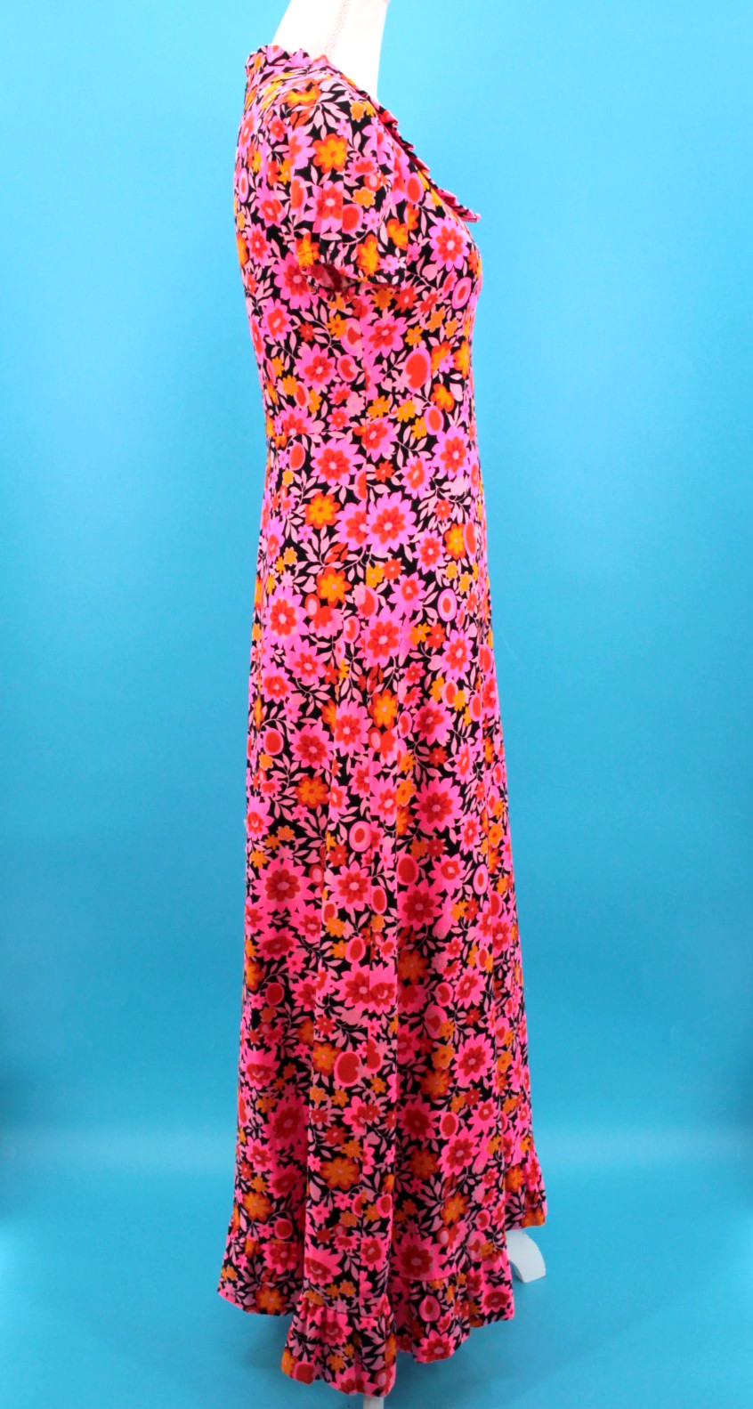 Vtg Women’s 60s Hot Pink & Orange Psychedelic Floral Maxi Dress XS/S 1960s