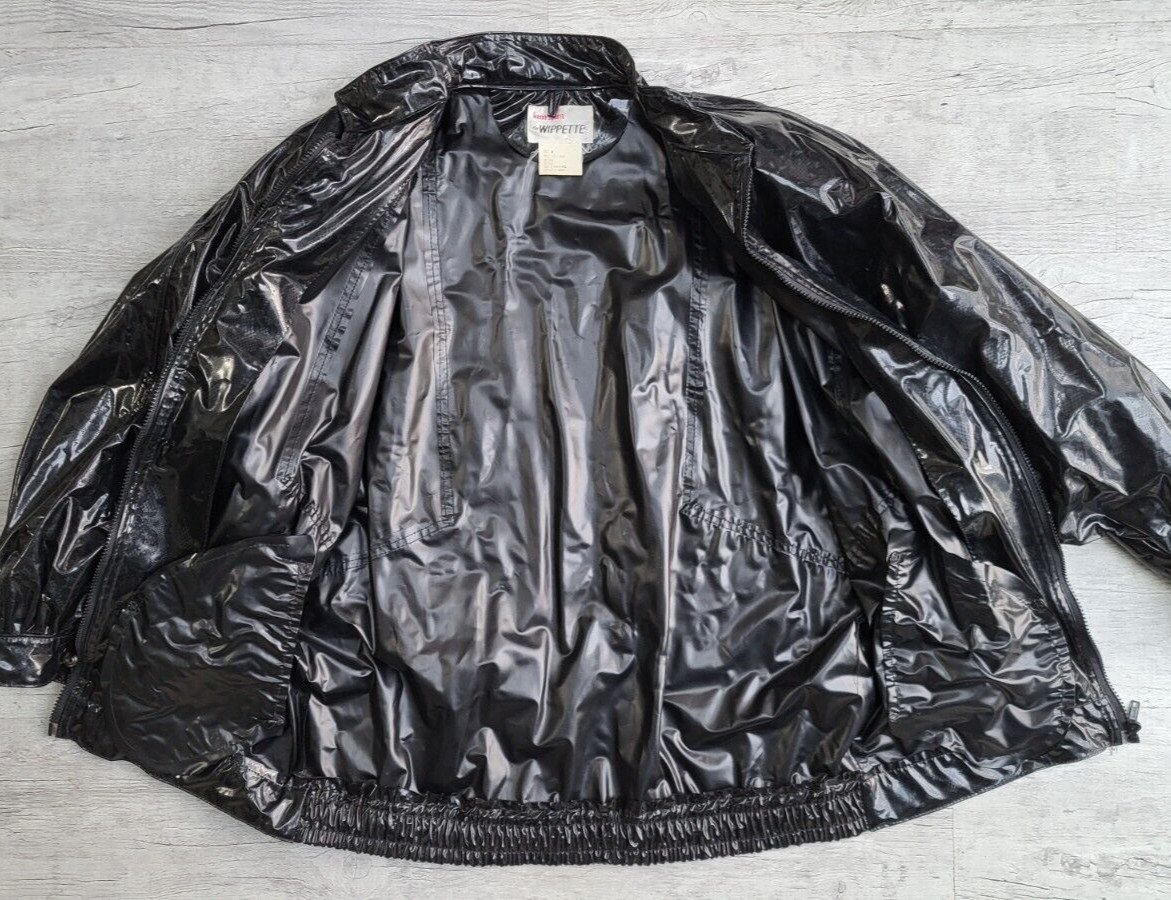 Vintage 1980s Kenn Sporn Wippette Black Shiny Vinyl Lace Print Raincoat Jacket