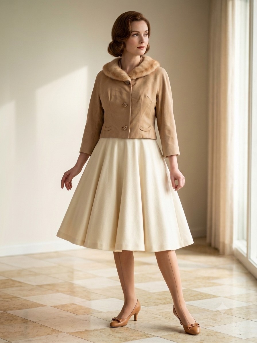1950’s 60s Cropped Camel Wool Evening Jacket Mink Fur Collar Bracelet Sleeves M