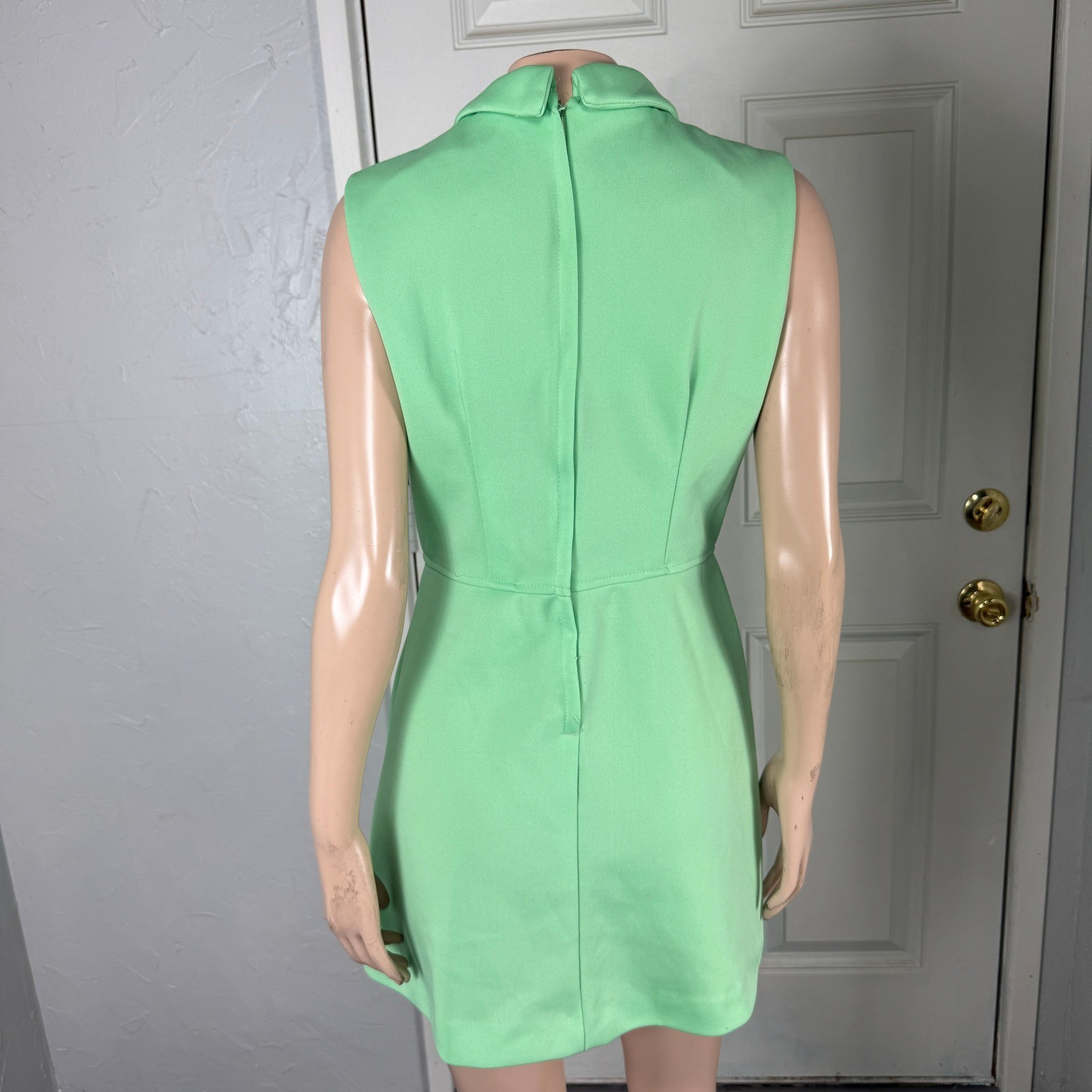 Vintage 70s Polyester Knit Mini Dress Party Sleeveless Collar Sheath Casual M18