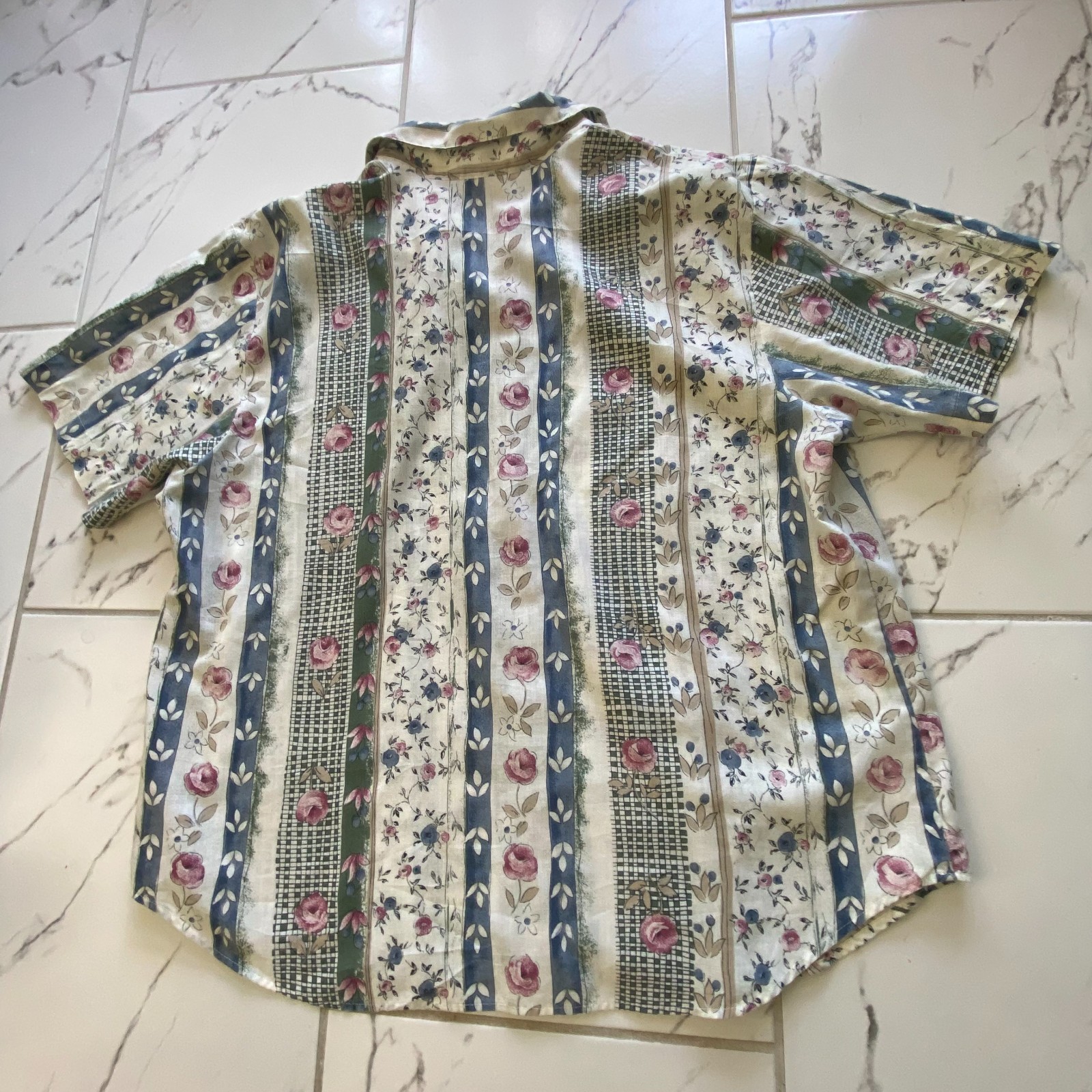 Tapsilo Vintage Womens Button Front Floral Patchwork Blouse Short Sleeve Large