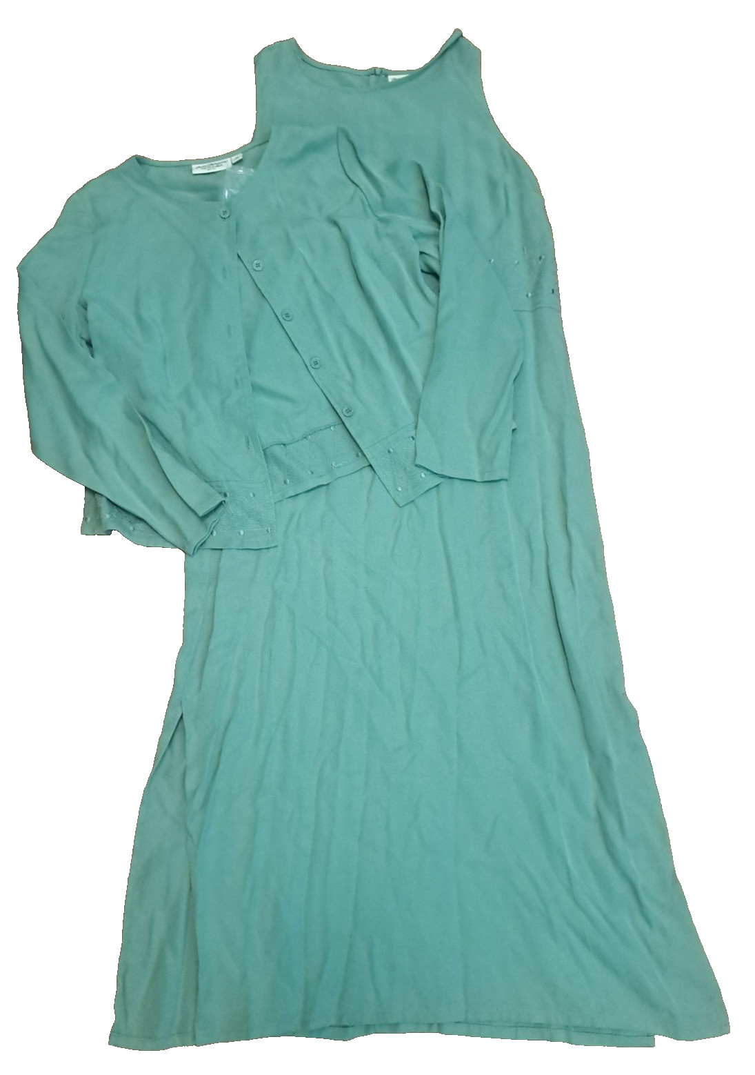 Vintage NEW Tencel Maxi Dress & Cardigan Sage Green Embroidered Norm Thompson M