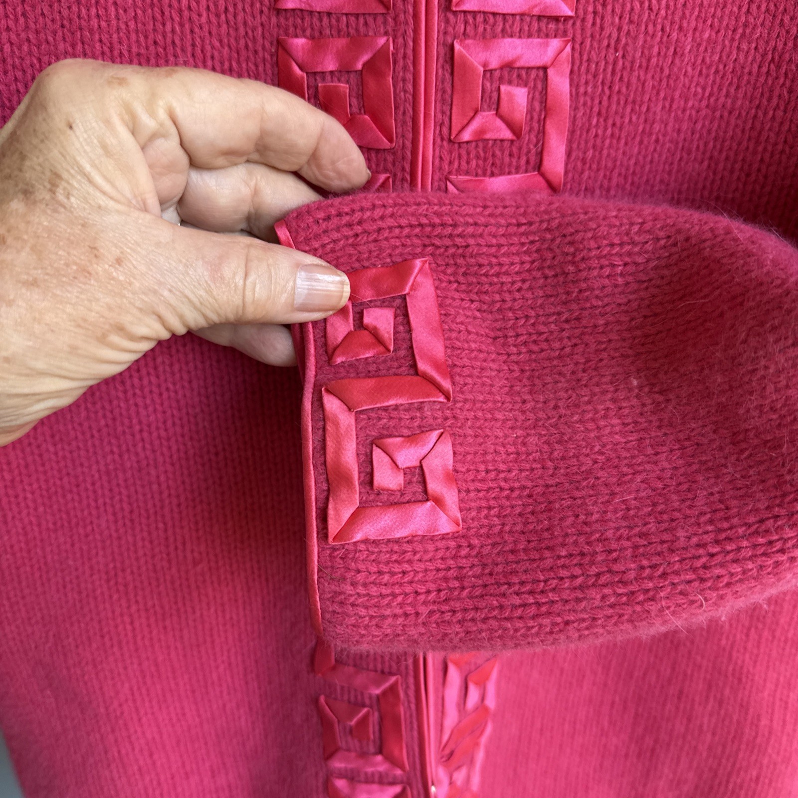 Vintage 60s Pink Angora Cardigan- Hand Trimmed W Satin- Hong Kong- Size 40