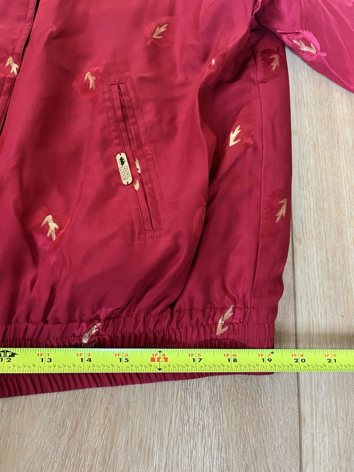 Vintage Silk Bomber Jacket Women M Red Gold Leaf Print Lightweight 90s Retro Zip