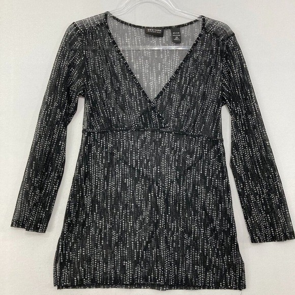 Vintage New York & Company size XS Black White Polka Dot Mesh Baby Doll Top