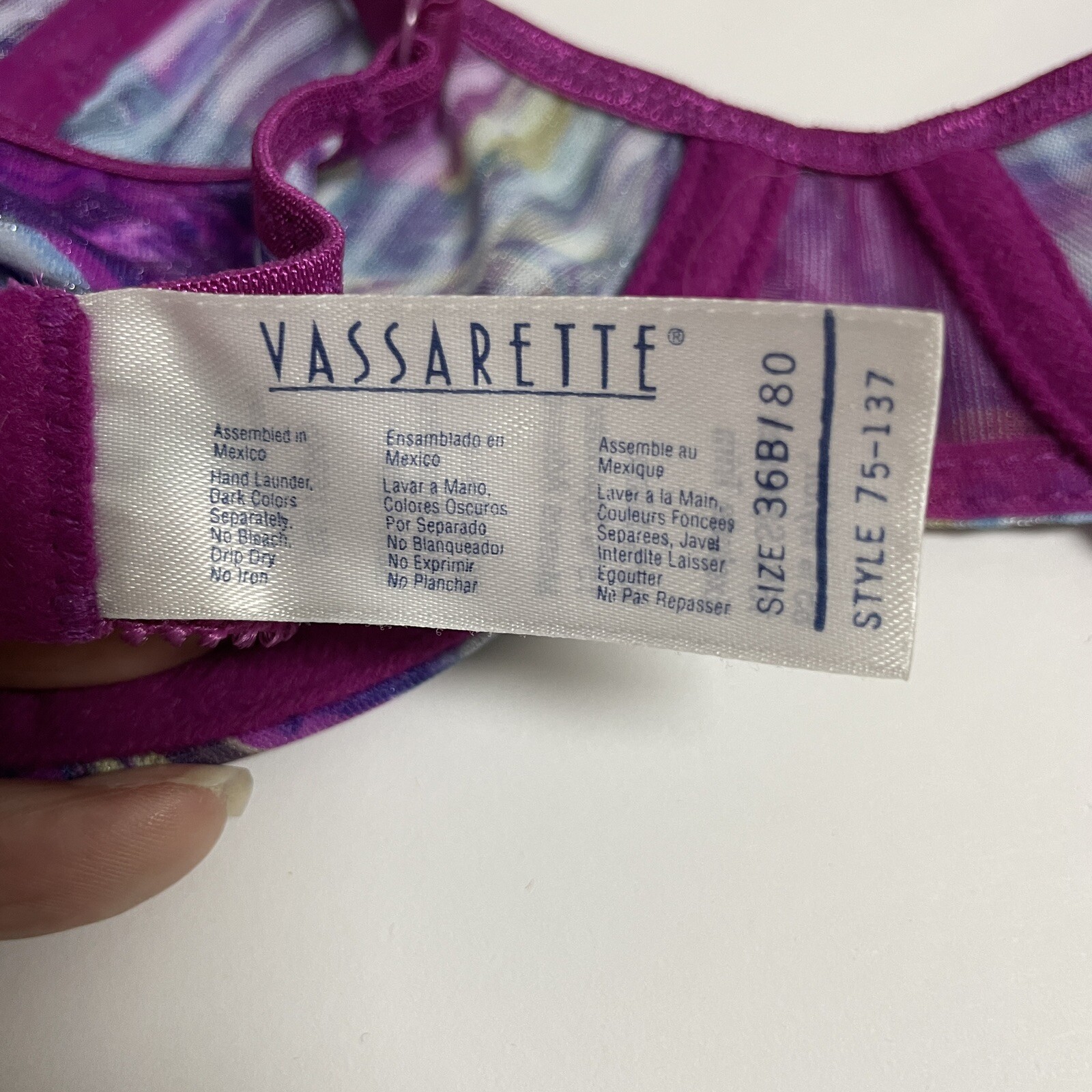 Vtg VASSARETTE Bra 36B Nylon Purple Semi Sheer Underwire Shimmer Floral 75-137