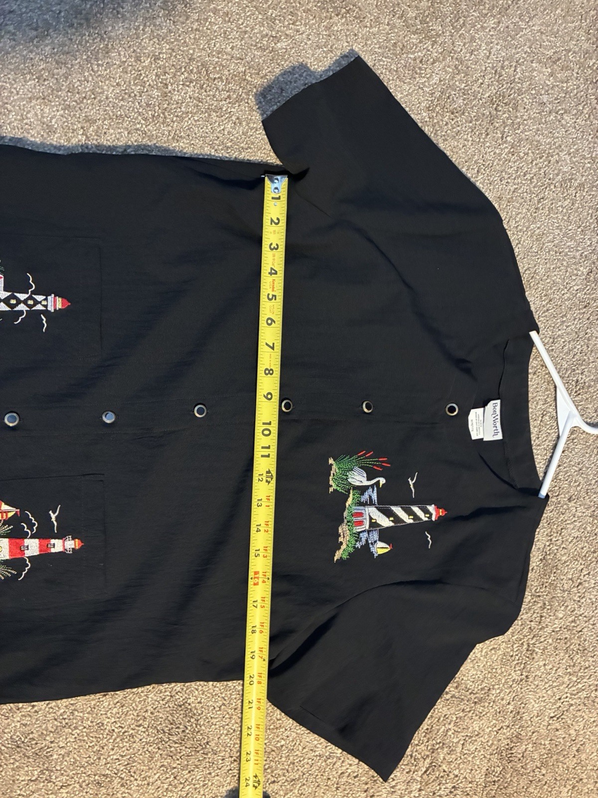 vtg Bon Worth black short-sleeve button-up lighthouse embroidery Lightweight Mp