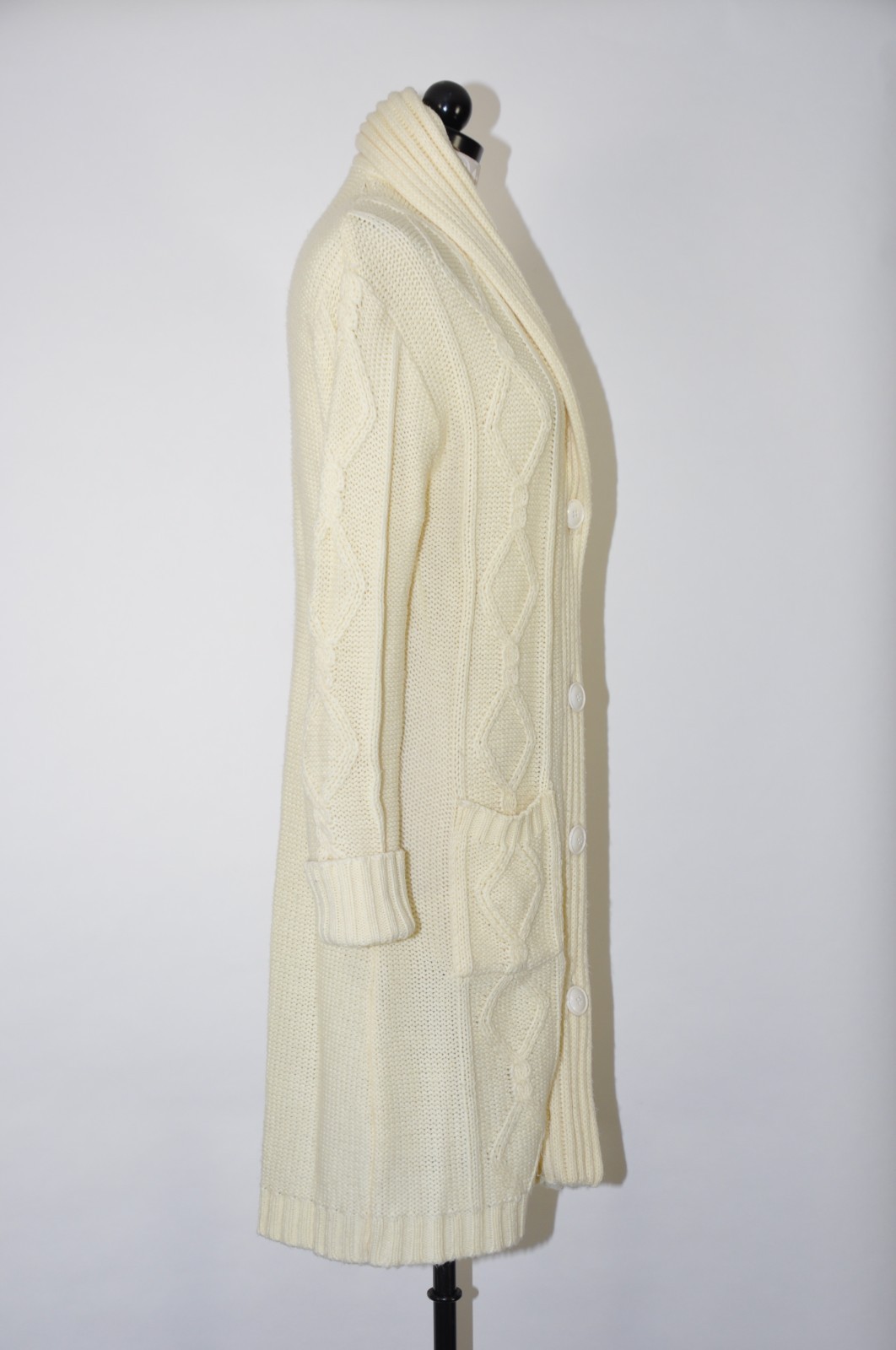 70s Cream Fisherman Cable Knit Shawl Duster Long Cardigan Sweater Coat Women M L