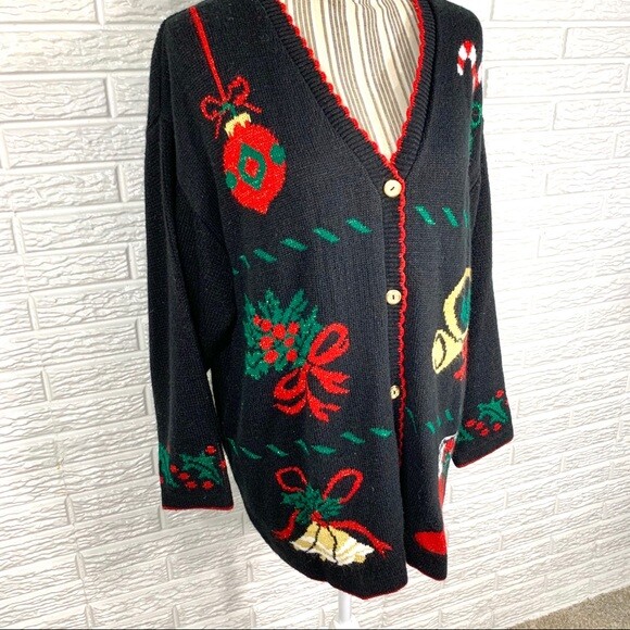 Vintage Style Studio Christmas Cardigan Sweater Size Large Ornaments Candy Cane