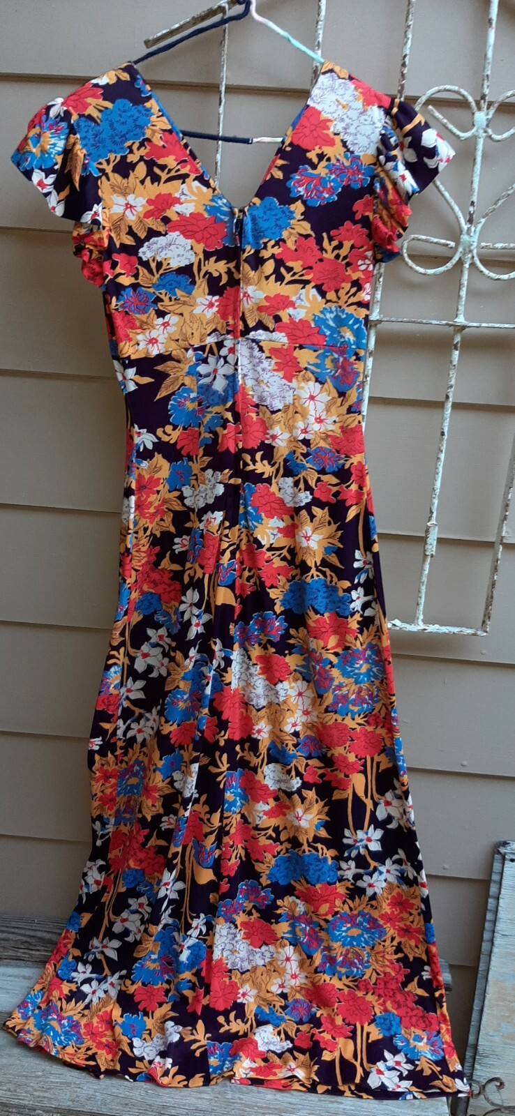 Vintage 70s Womens Dress Maxi Vibrant Florals On Black By Liberty Square S/ M