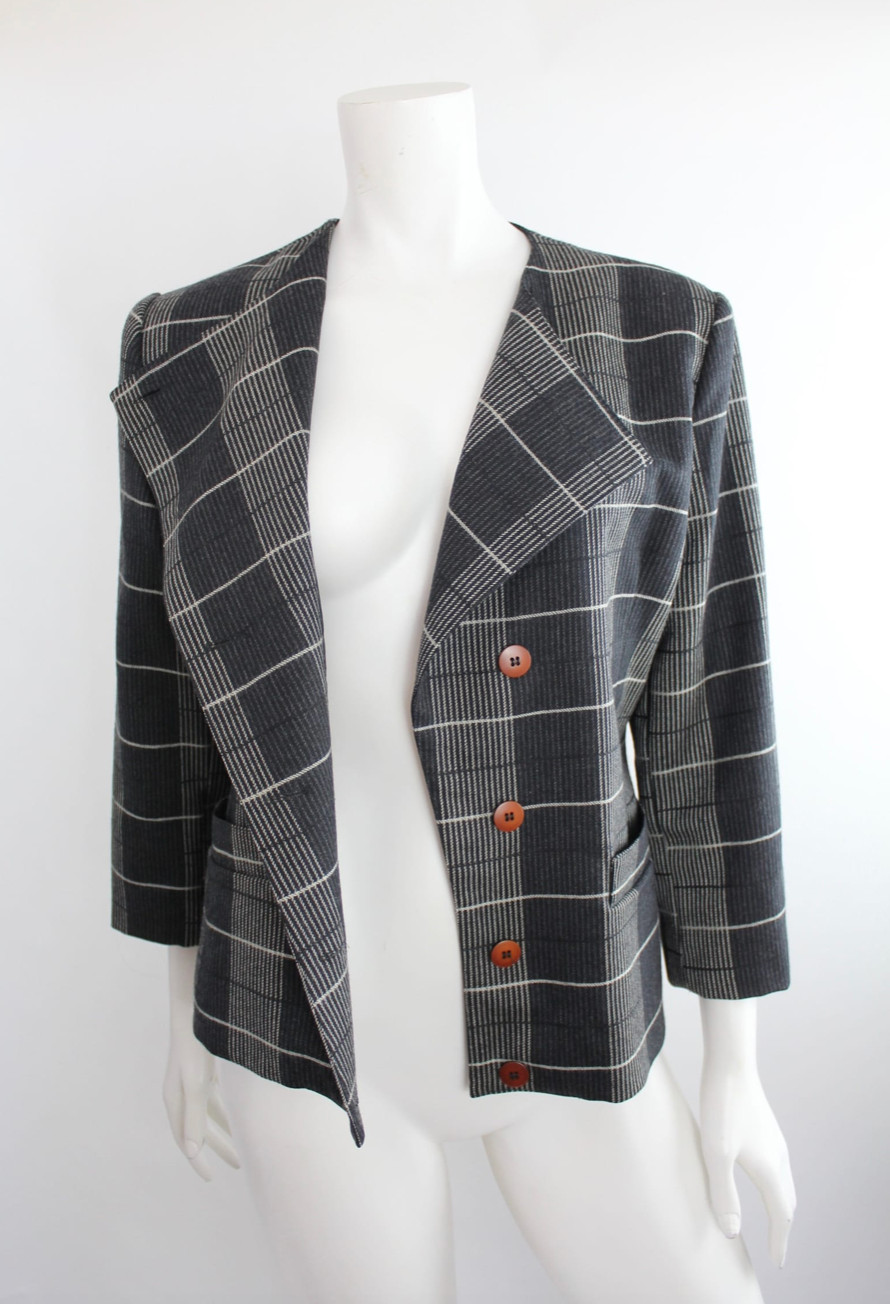 Vtg 80s Marimekko Grid Gray Wool Blazer Jacket Coat Checked Striped Retro 34 Eu