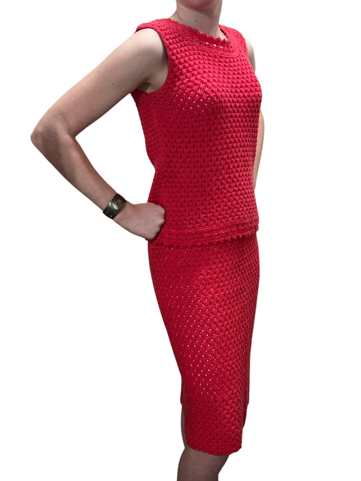XS~ S Vtg 60s Coral 2 Pc Dress Set Open Knit Sears Acrylic Sweater Skirt Outfit