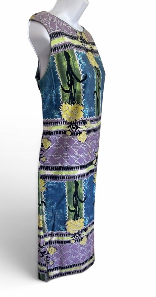Vintage 50s Rhapsody by Glazier Mod Tiki Print Day Dress M Metal Zip Sleeveless
