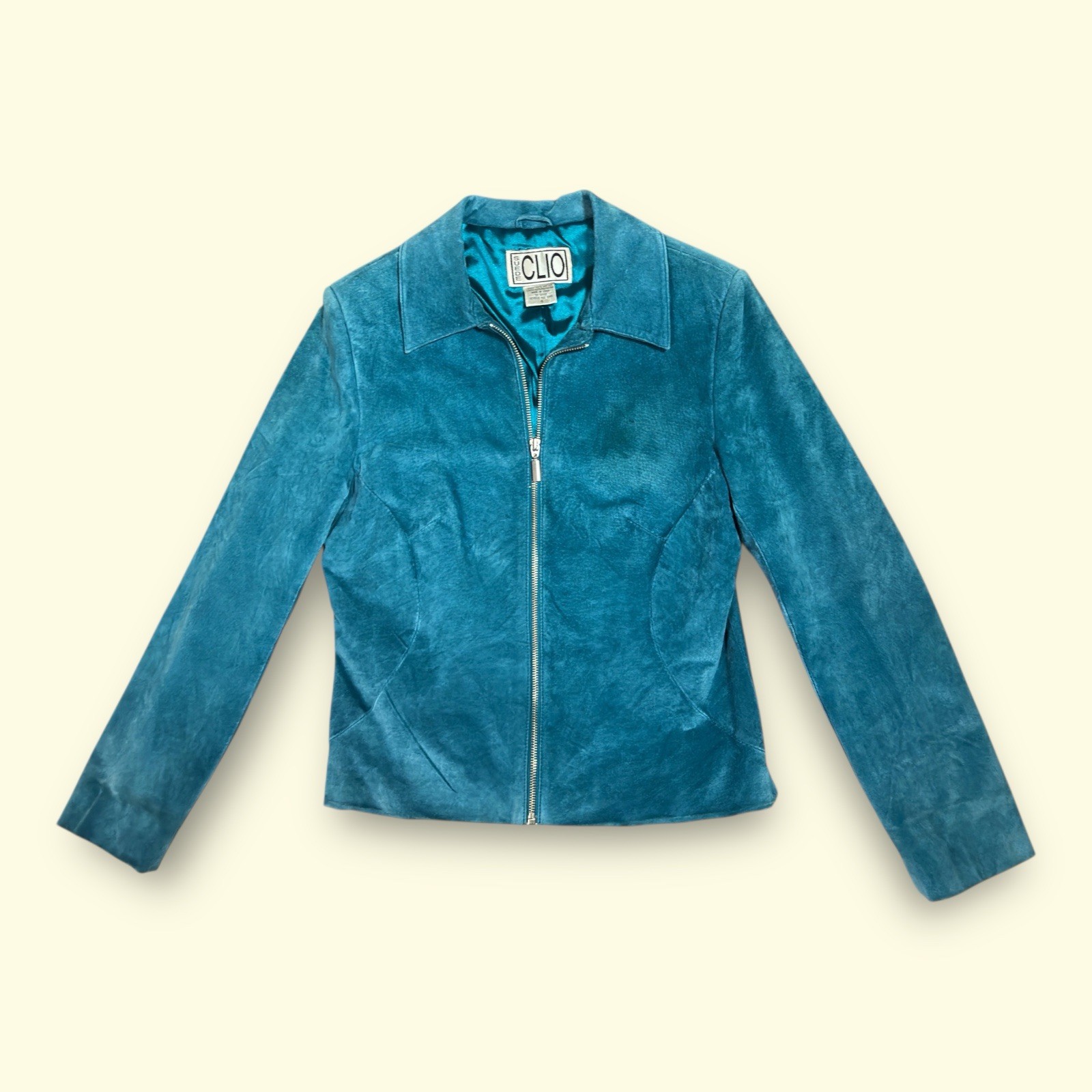 Vintage Y2K Teal Suede Leather Jacket Women’s Size 4 Fitted Zip Front