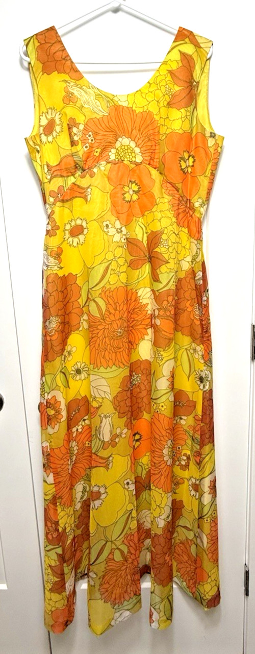 Vtg 60’S Groovy Orange Yellow Sheer Floral Maxi Dress Stiff Chiffon Long Jacket