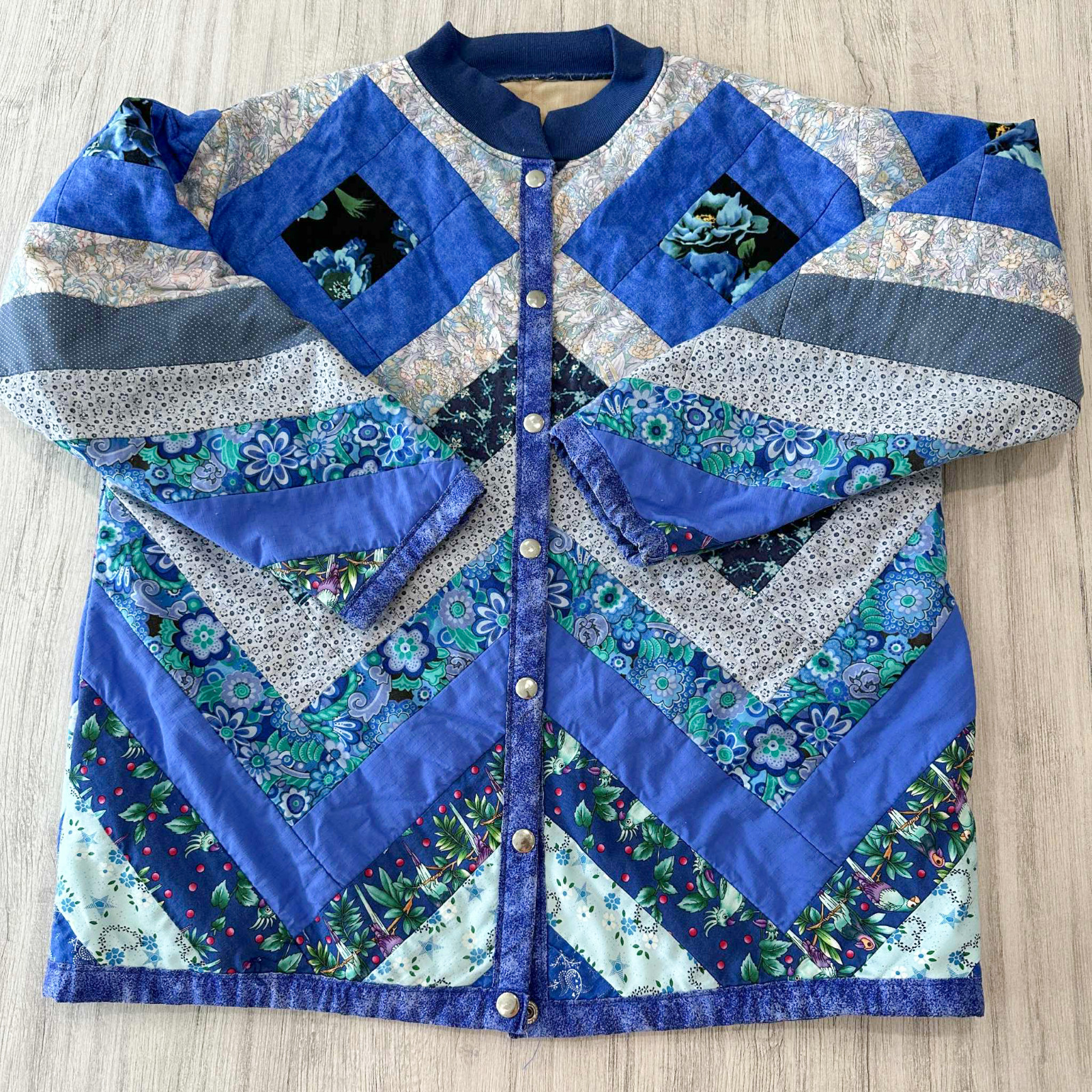 Vintage Patchwork Quilted Blue Shabby Chic Floral Granny Core Jacket Coat