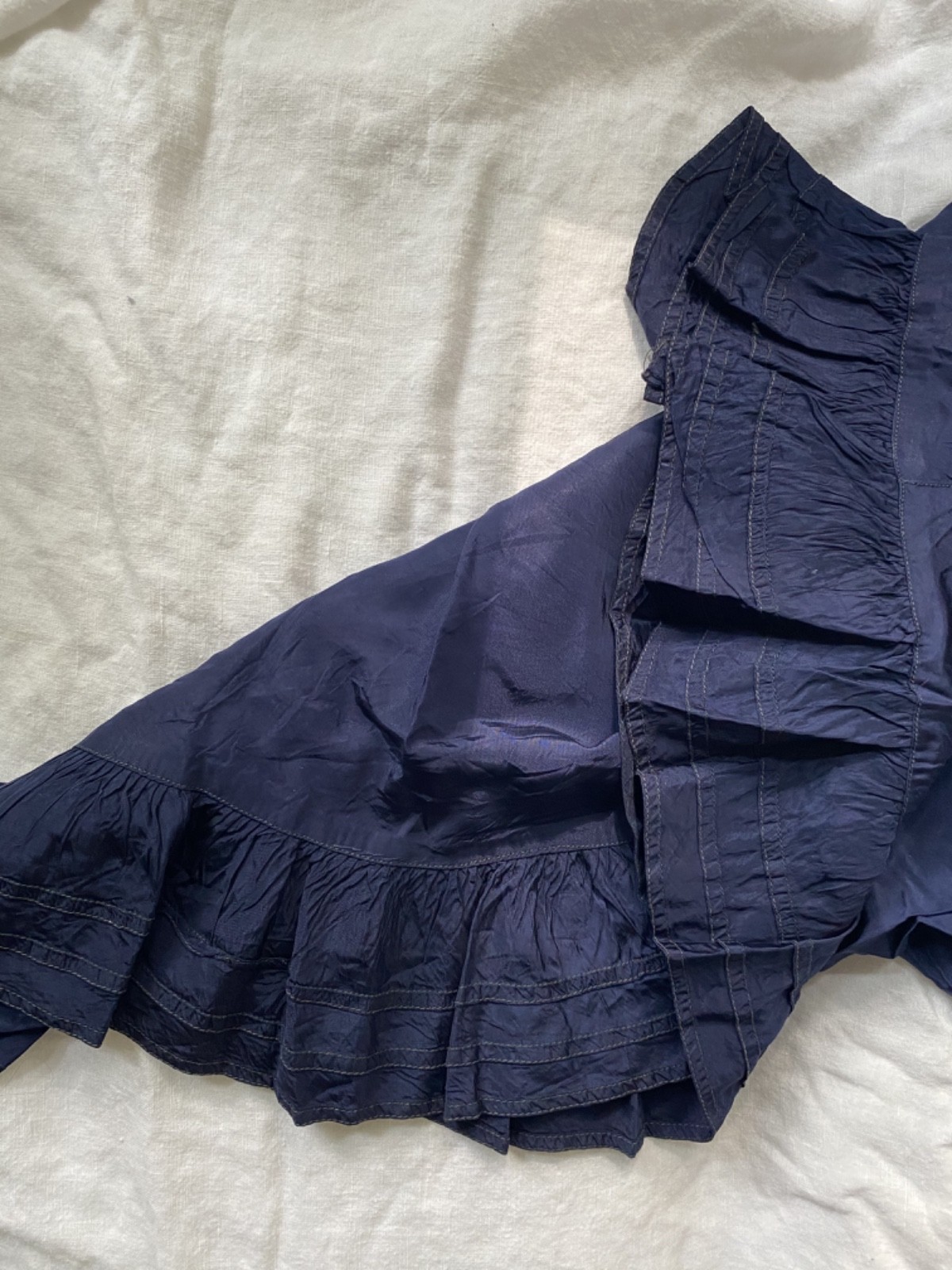 Vintage 1940s, 1950s Women’s Dark Navy Blue Satin Slip Dress with Ruffle Detail