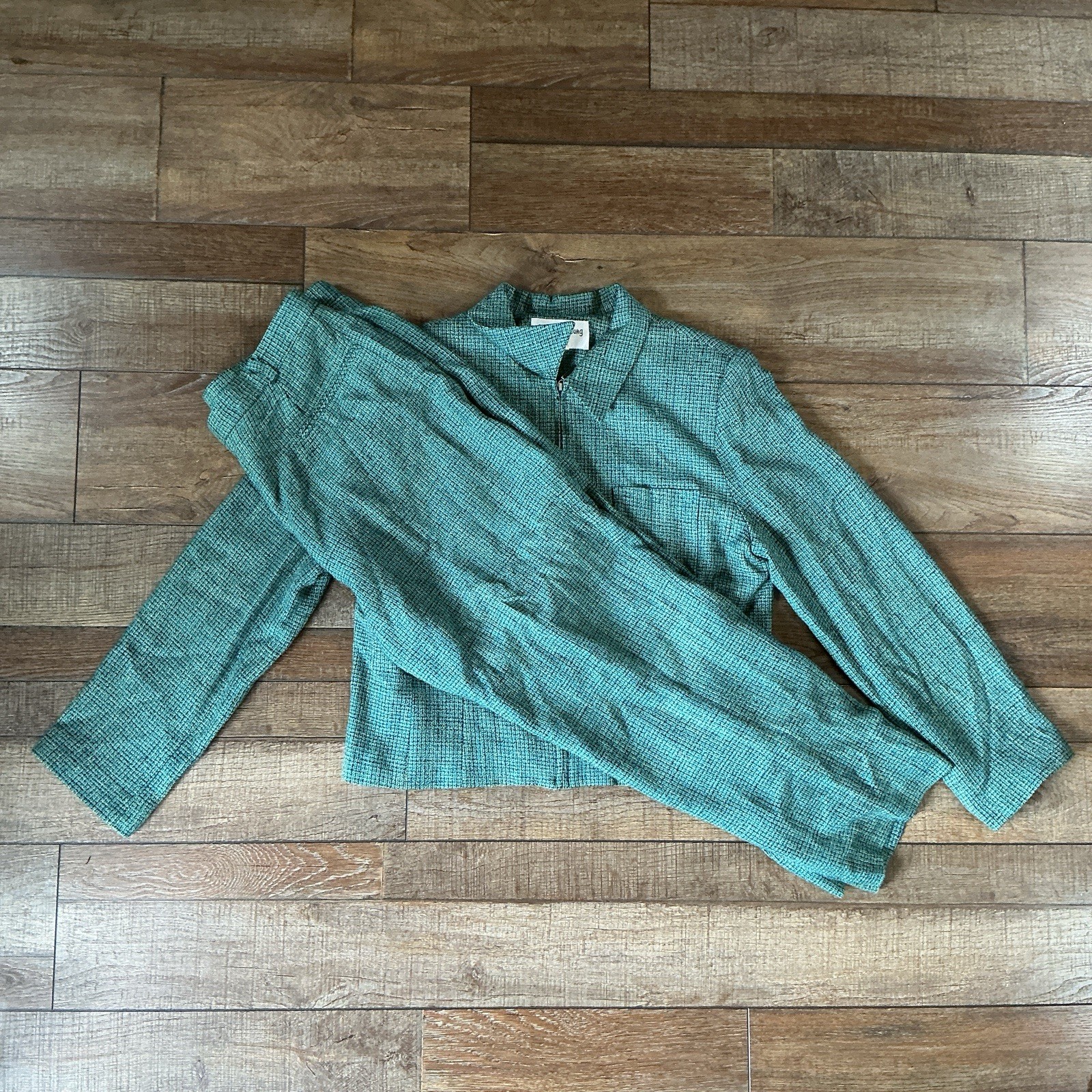 VTG Sharon Young Sportswear Teal Rayon 2pc Jacket Pants Suit Set Size 12 #4401
