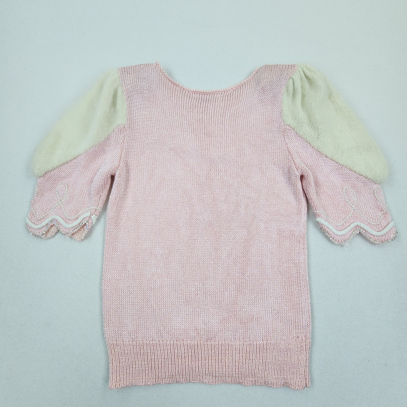 Vtg 80s DACANI Pink Knit Skirt Sweater Set Rhinestones Angora Shoulders Beaded