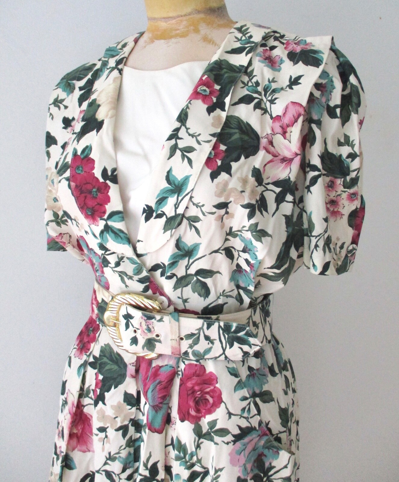 Vtg 80s purple rose floral modest tea garden party dress wide belt pockets S