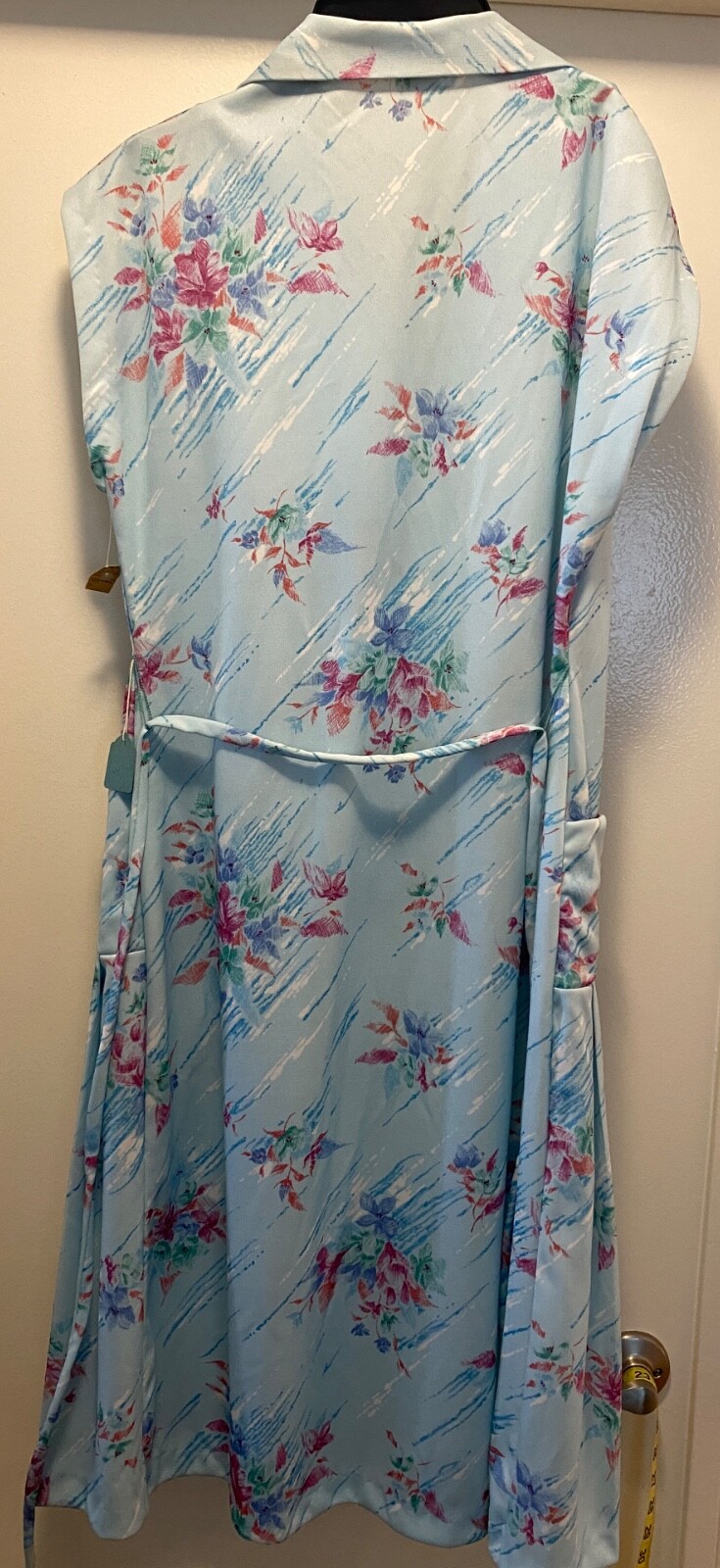 VTG 70s House Dress Women Floral Vneck Collar Button Tie Waist Blue Pink Floral