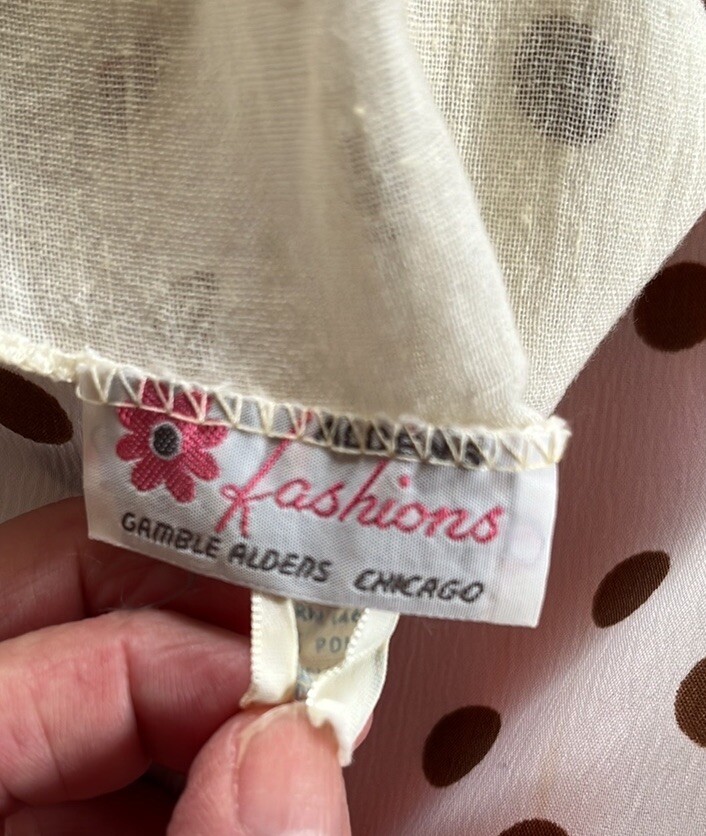 Vtg Alden’s Fashions MCM 70s Dress W/Pleated Skirt~Cream W/Brown Polka Dots~READ