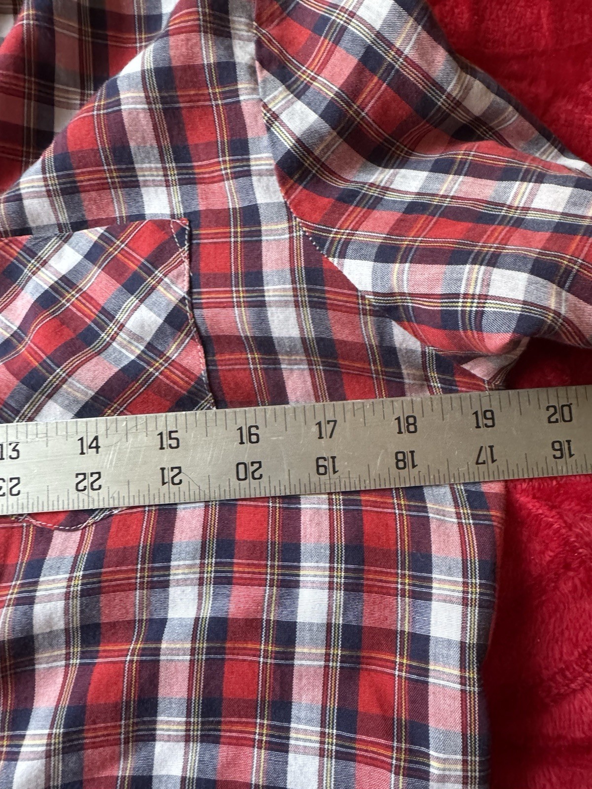 Vintage 70s Sears The Fashion Place Red Blue Plaid Button Down Shirt Size 14